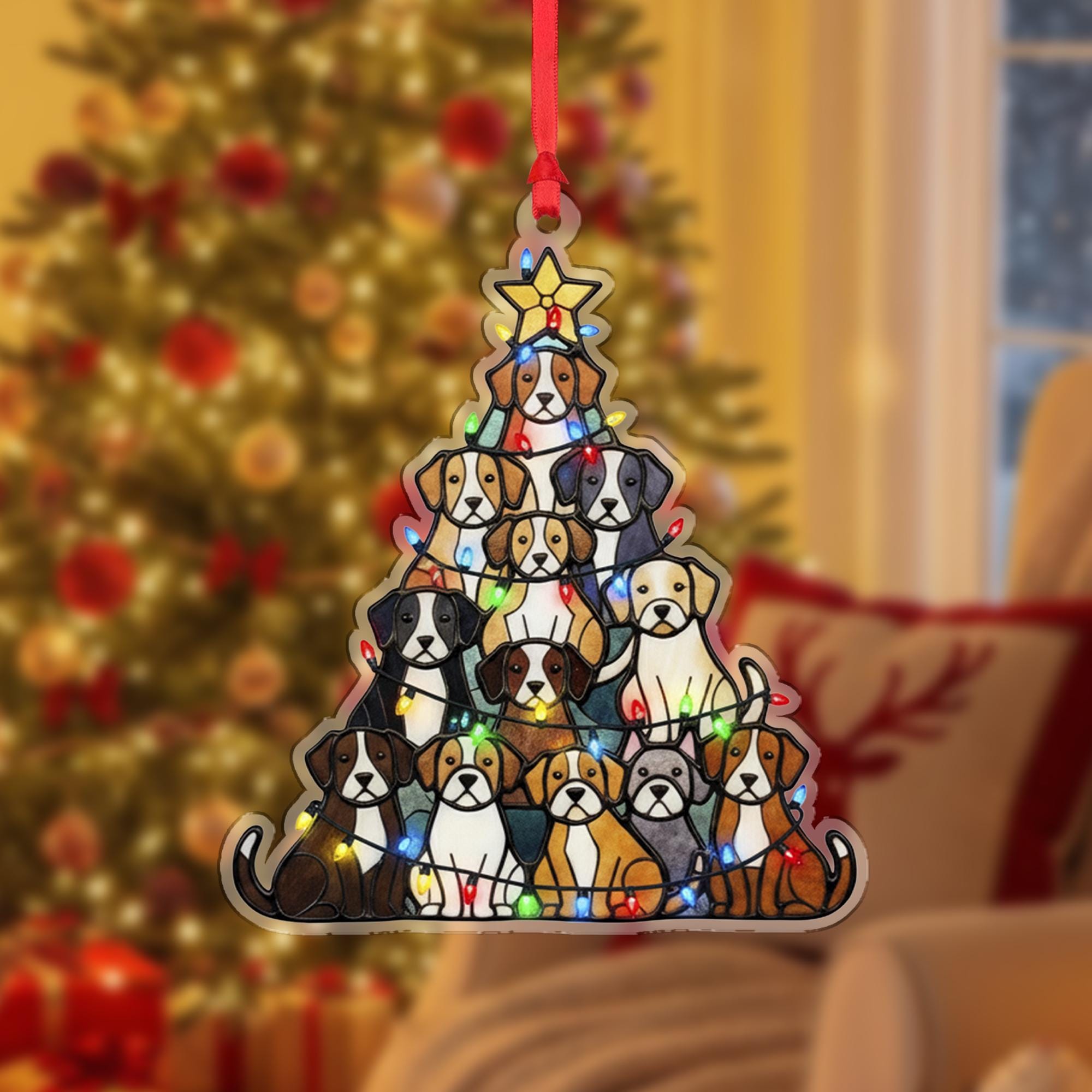 Dog Christmas Ornament – Tree Shape with Puppies and String Lights – Acrylic Holiday Decoration