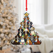 Dog Christmas Ornament – Tree Shape with Puppies and String Lights – Acrylic Holiday Decoration
