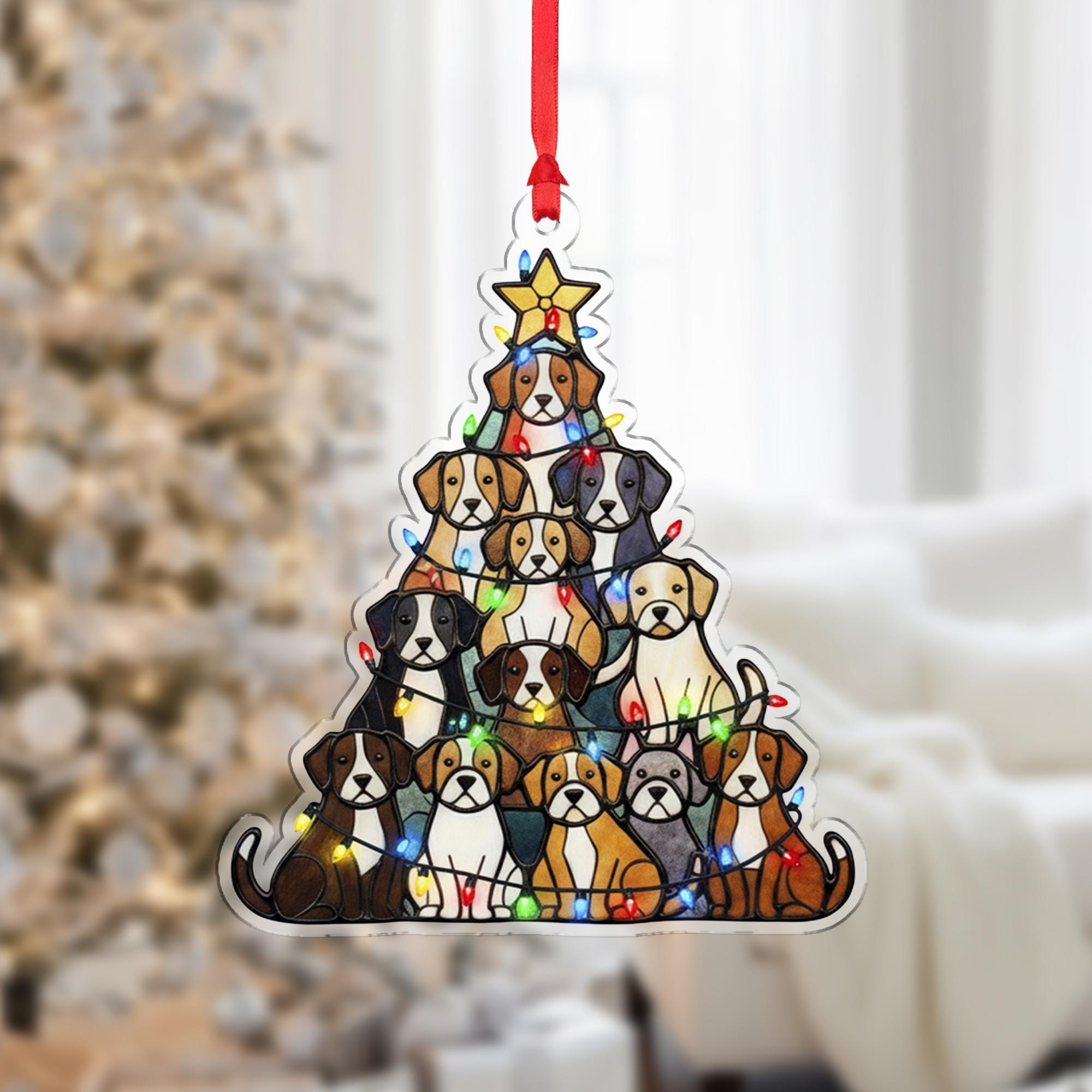 Dog Christmas Ornament – Tree Shape with Puppies and String Lights – Acrylic Holiday Decoration
