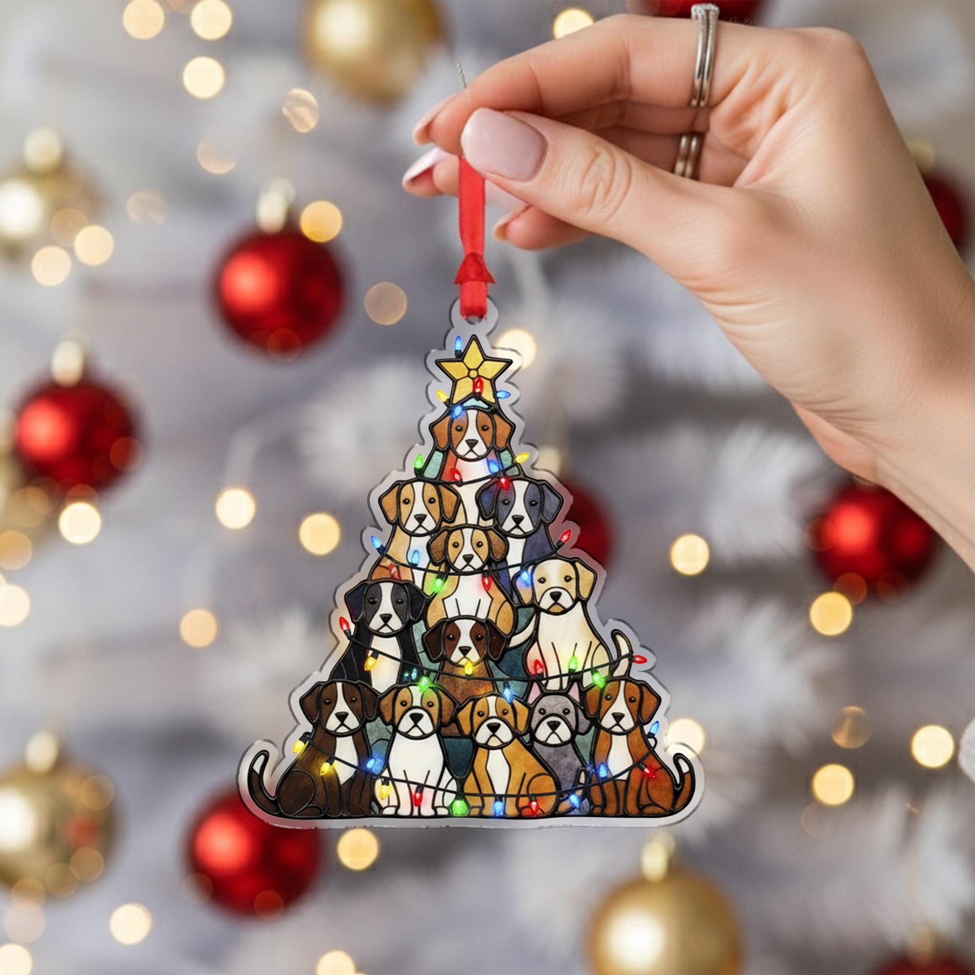 Dog Christmas Ornament – Tree Shape with Puppies and String Lights – Acrylic Holiday Decoration