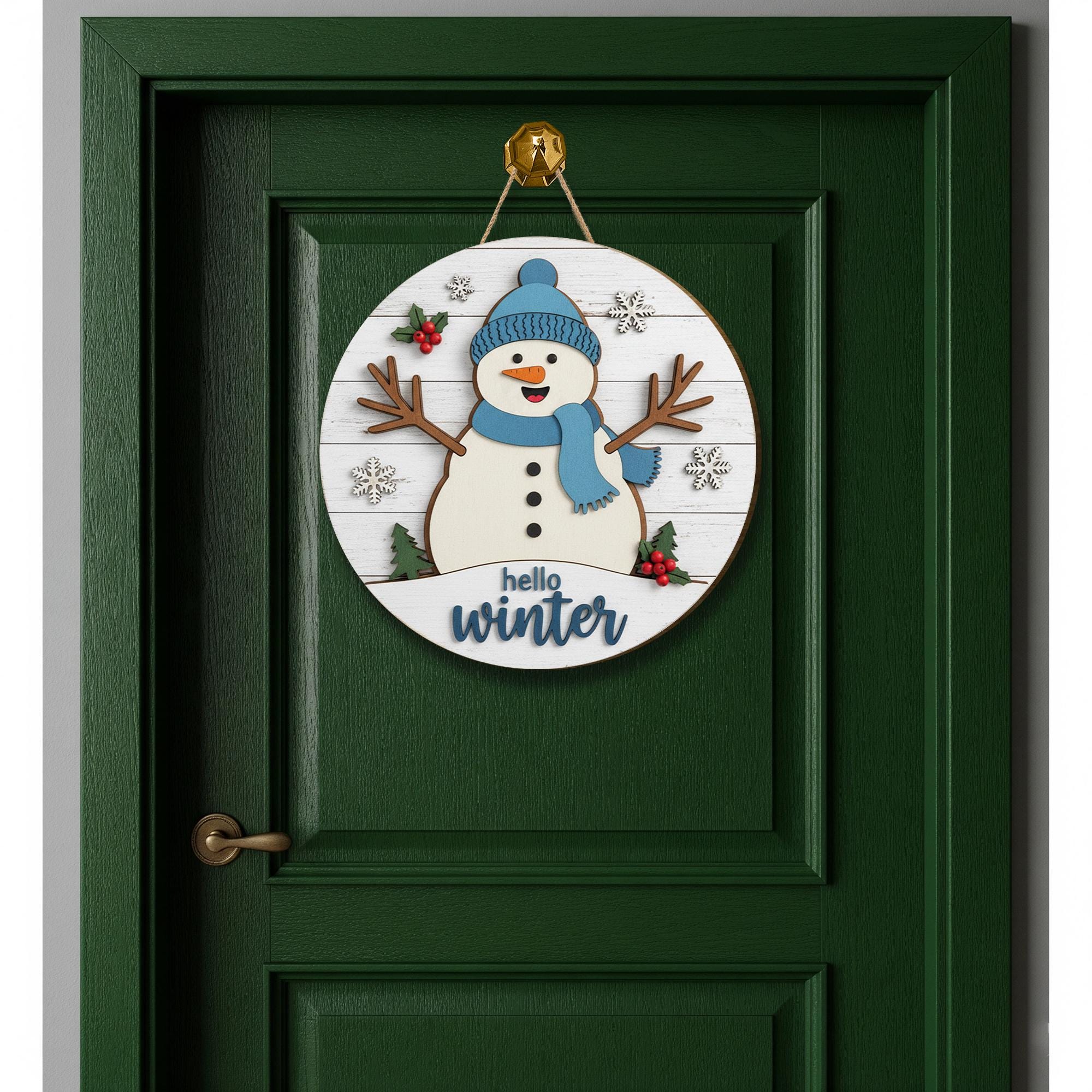 Hello Winter Snowman Door Sign: Rustic Winter Porch Decor