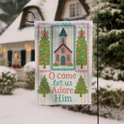 Christian Christmas Garden Flag: Church, Trees, O Come Let Us Adore Him