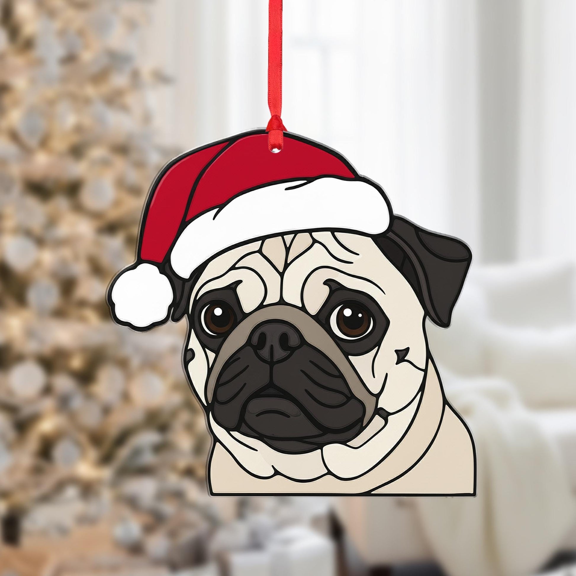 Pug Dog Christmas Ornament – Santa Hat, Hanging Holiday Decoration