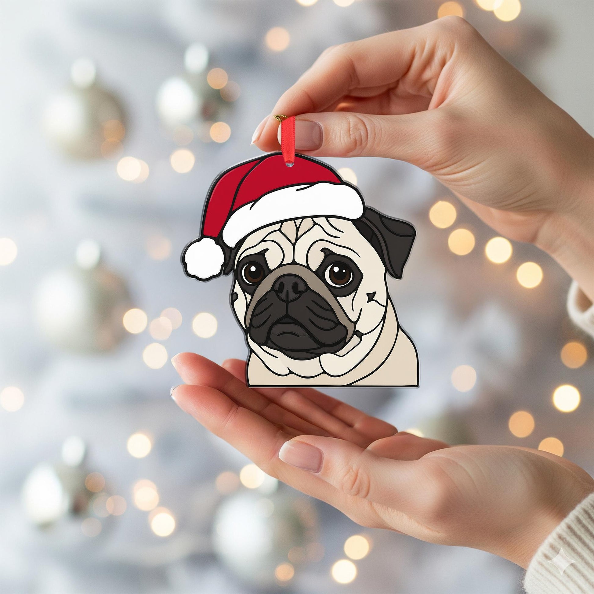 Pug Dog Christmas Ornament – Santa Hat, Hanging Holiday Decoration
