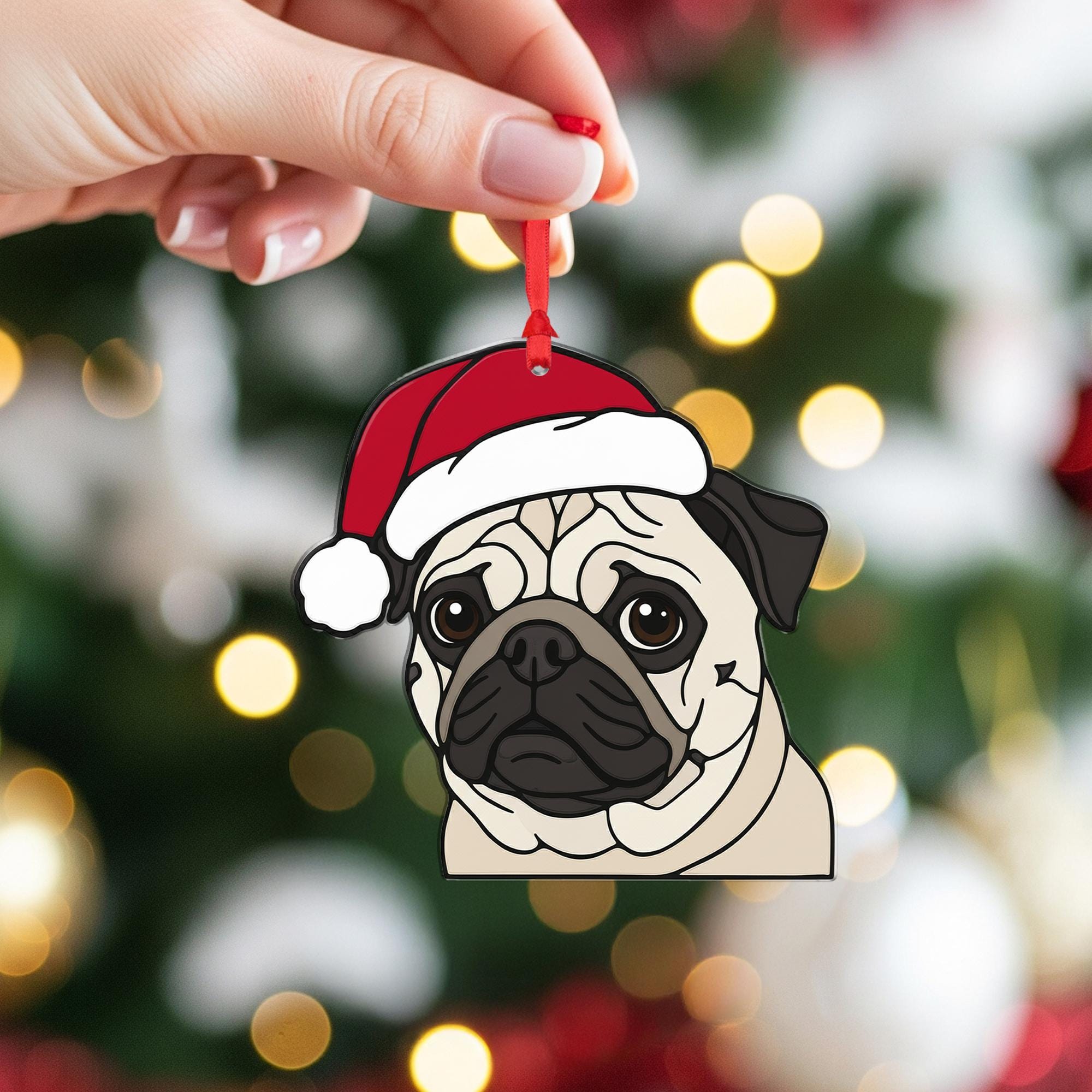 Pug Dog Christmas Ornament – Santa Hat, Hanging Holiday Decoration