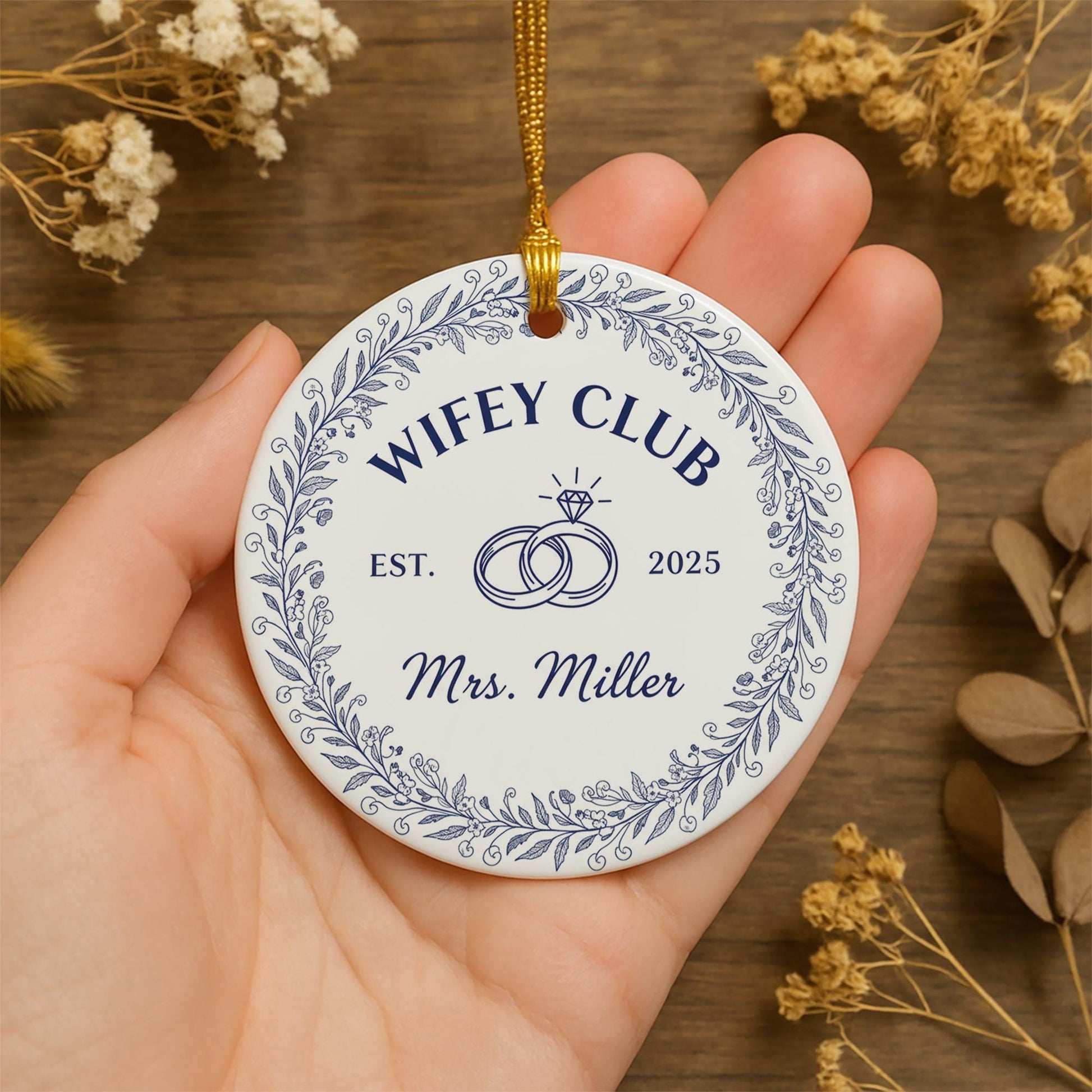 Personalized Ornament – Wifey Club, Wedding Rings Design, Round Hanging Decoration