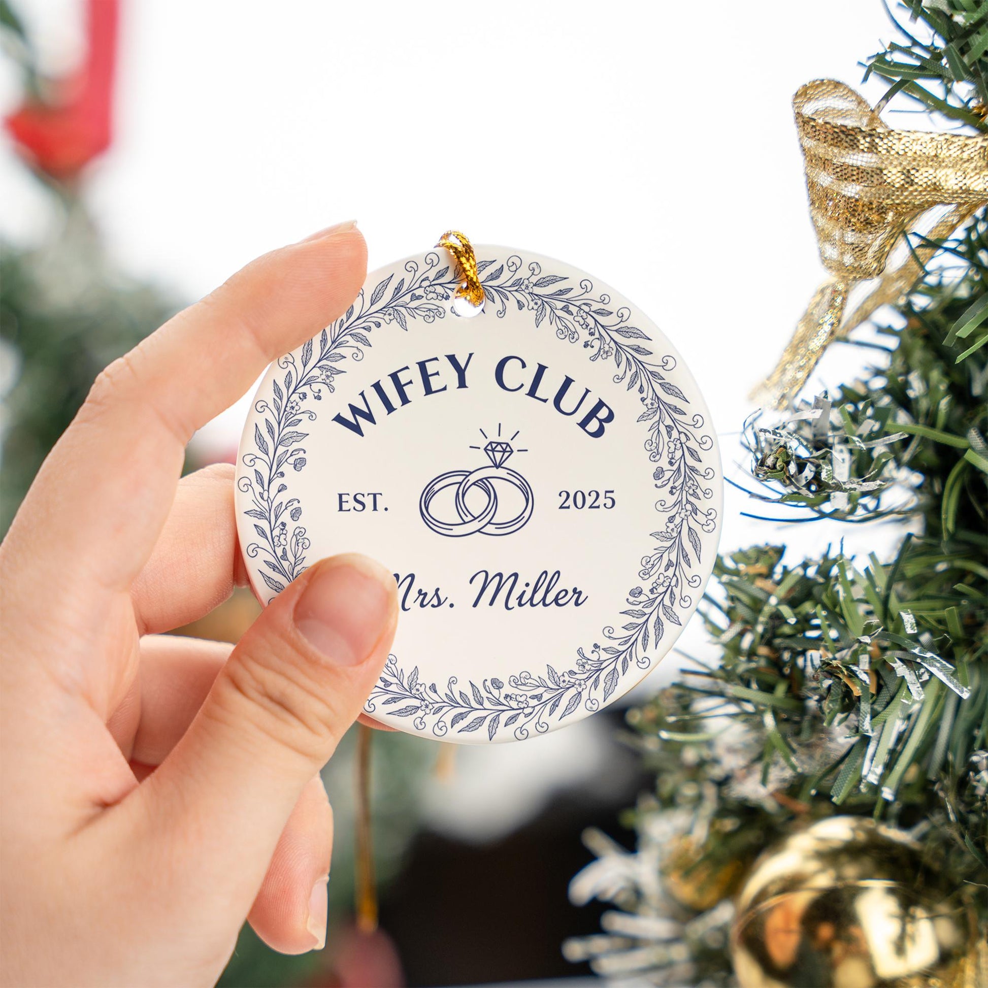 Personalized Ornament – Wifey Club, Wedding Rings Design, Round Hanging Decoration