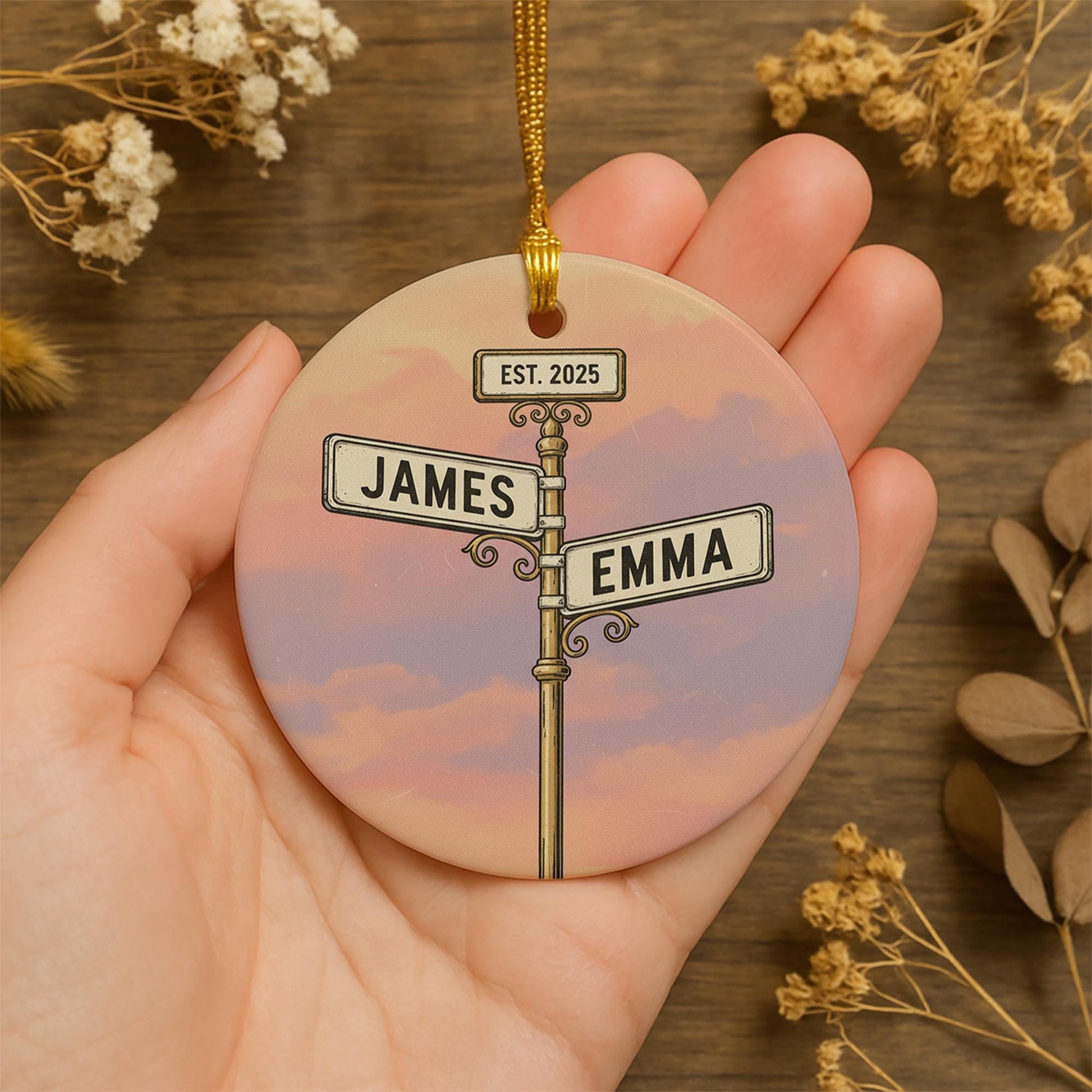 Personalized Street Sign Couple Ornament – Custom Names & Year, Round Keepsake