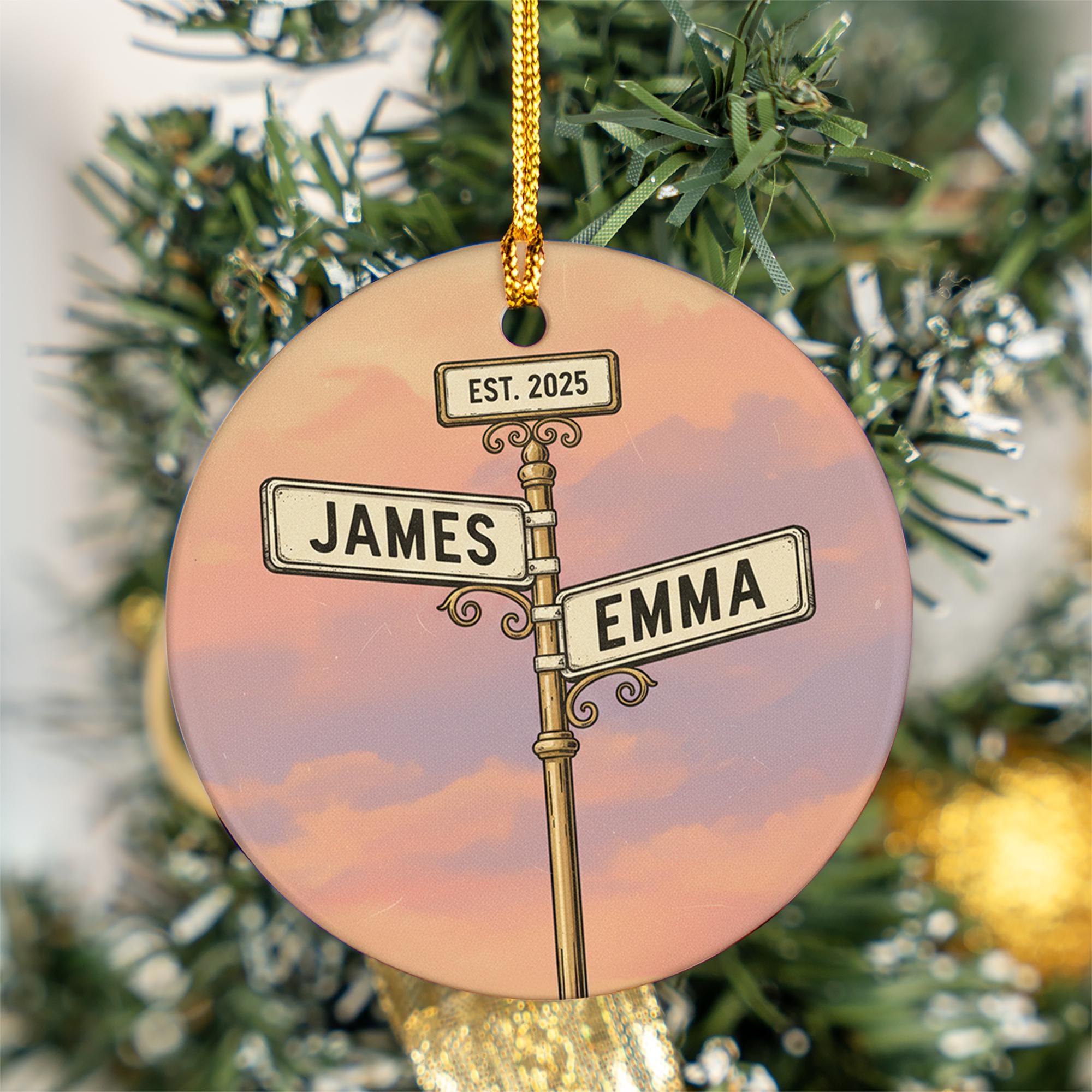 Personalized Street Sign Couple Ornament – Custom Names & Year, Round Keepsake