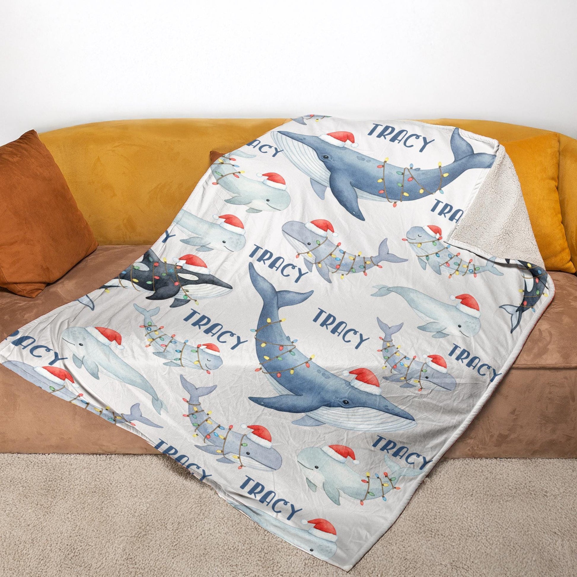 Personalized Whale Christmas Blanket – Custom Name Holiday Throw with Orca & Whale Santa Hat