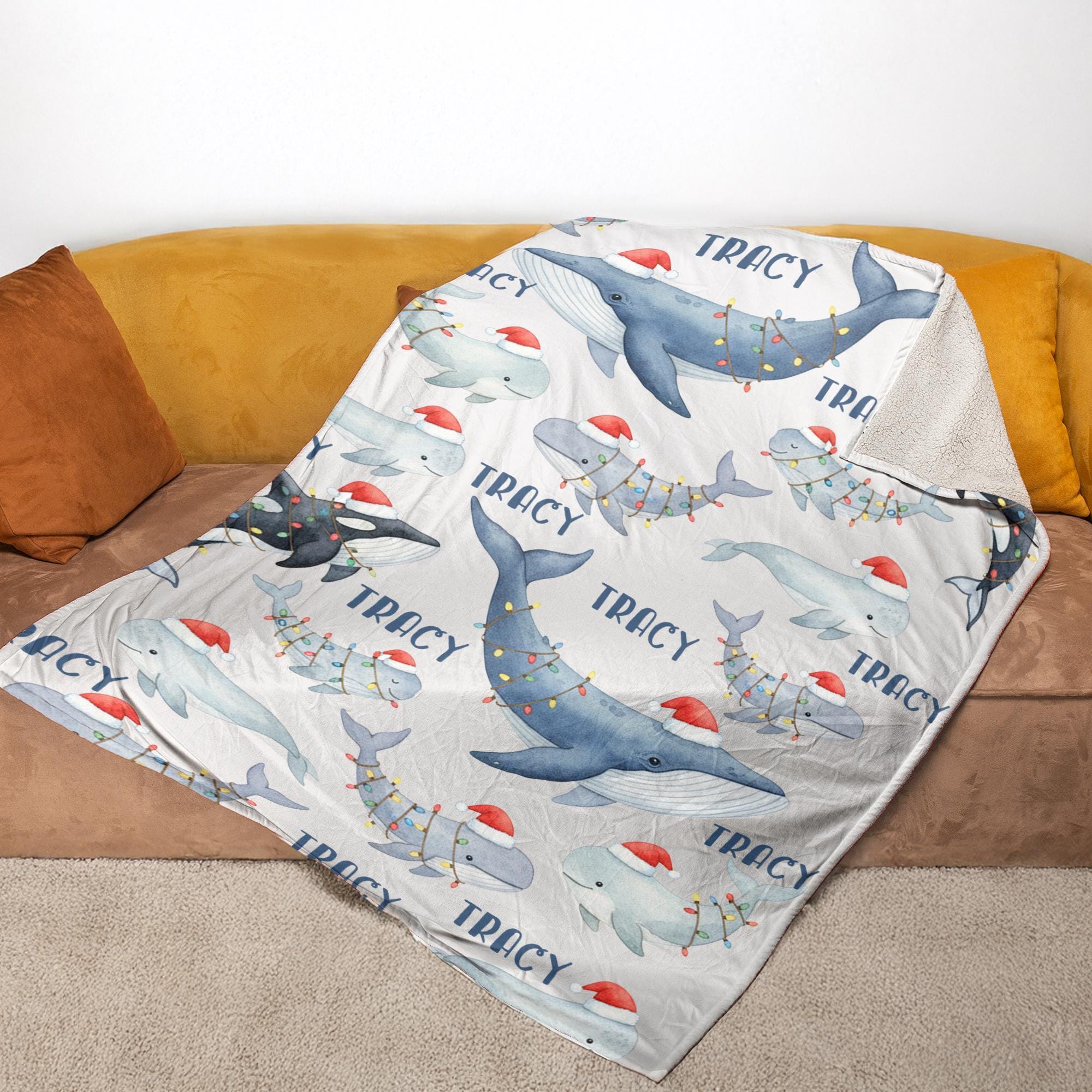 Personalized Whale Christmas Blanket – Custom Name Holiday Throw with Orca & Whale Santa Hat