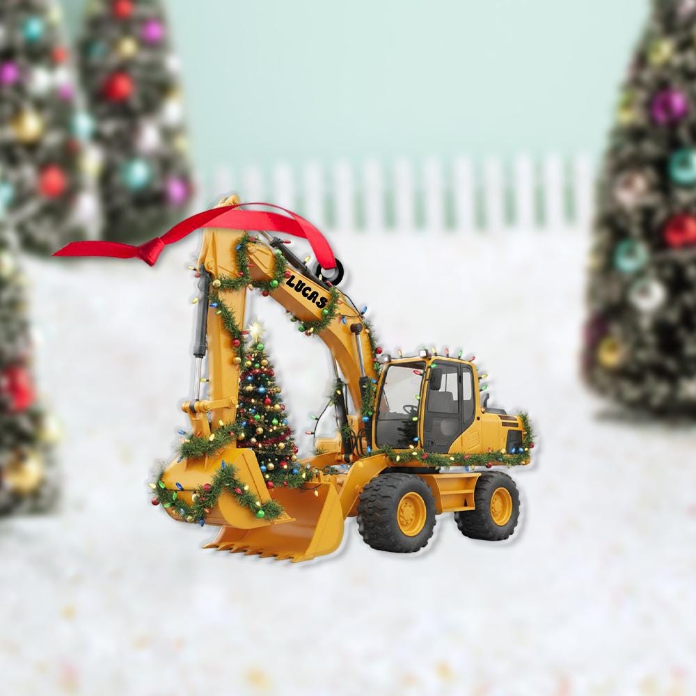 Custom Excavator Christmas Ornament with Tree and Lights, Personalized Construction Vehicle Holiday Decoration
