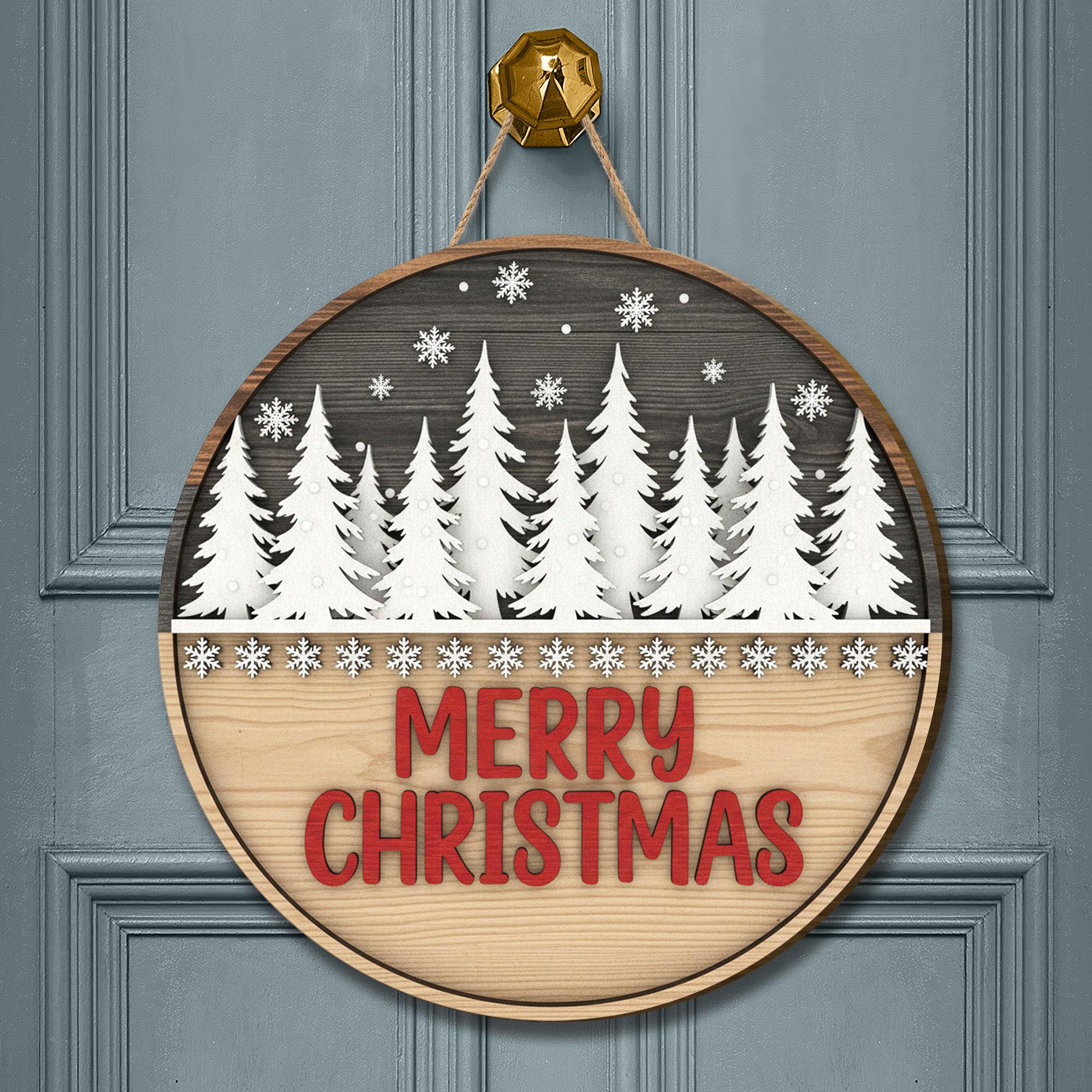 Merry Christmas Door Sign: Rustic Winter Forest Porch Decor