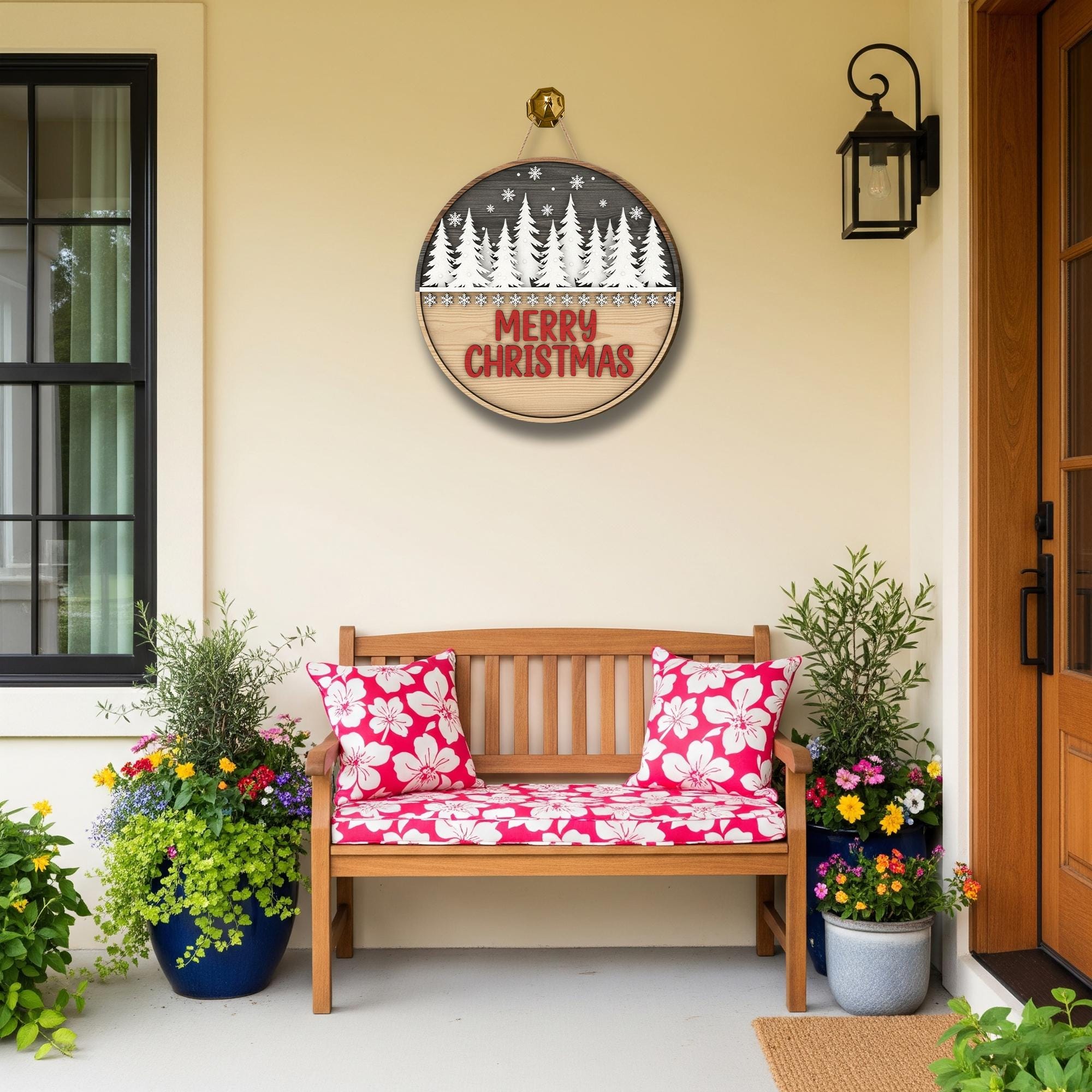Merry Christmas Door Sign: Rustic Winter Forest Porch Decor