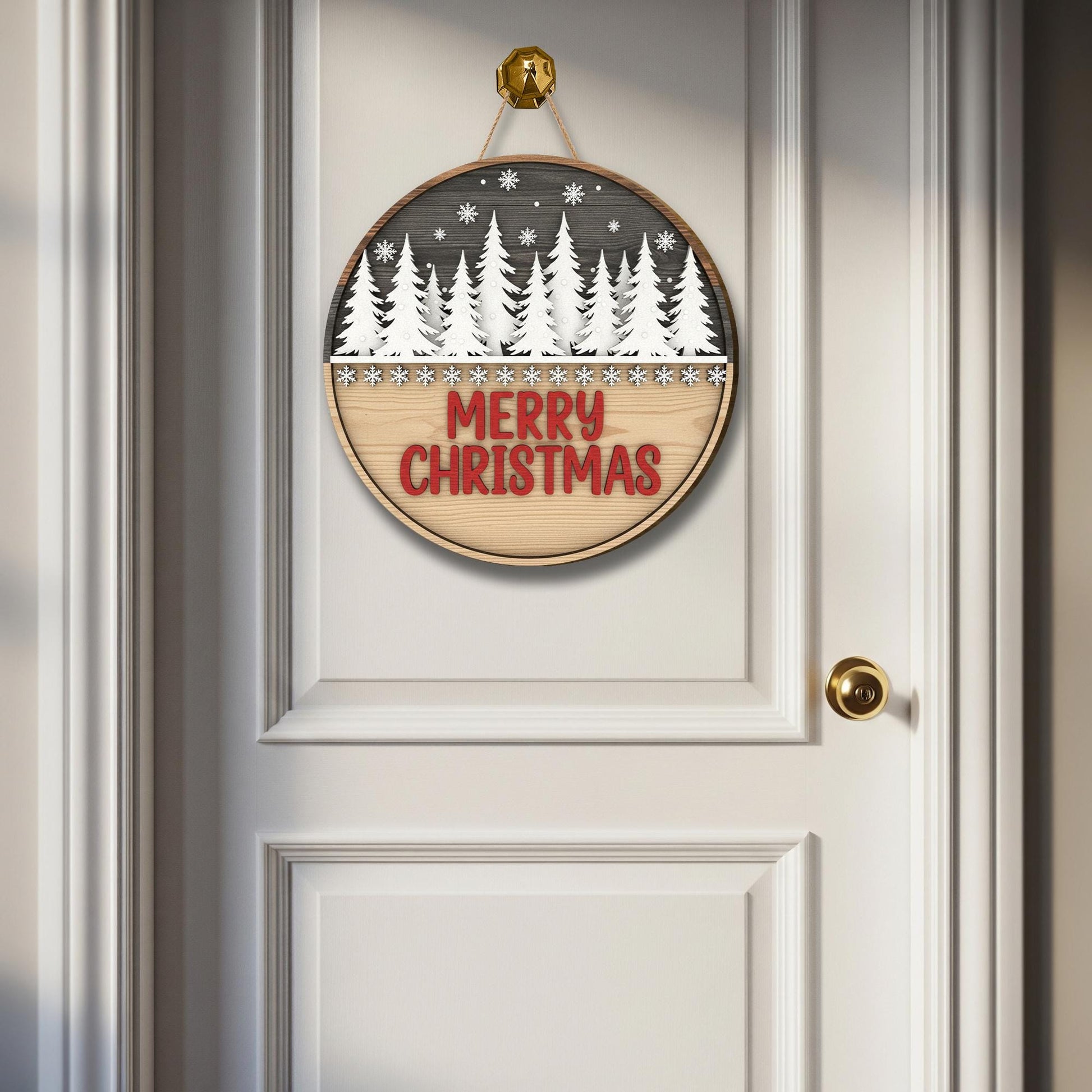 Merry Christmas Door Sign: Rustic Winter Forest Porch Decor
