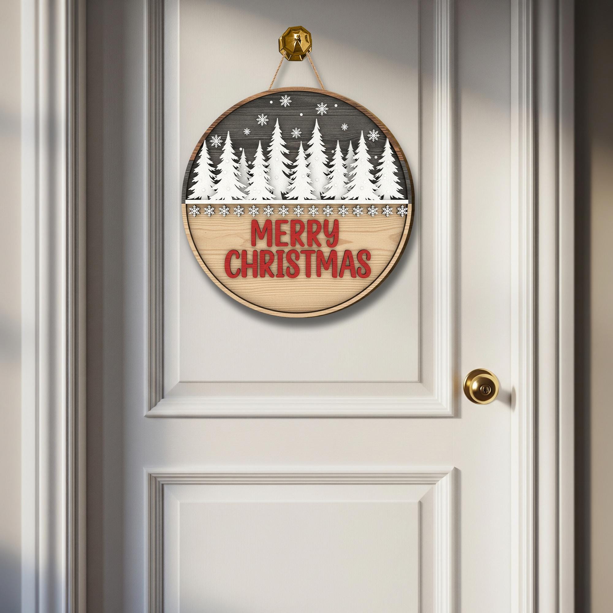 Merry Christmas Door Sign: Rustic Winter Forest Porch Decor