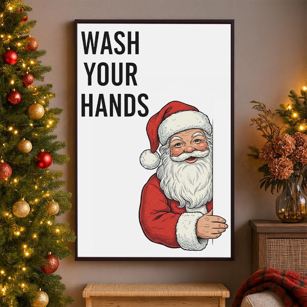 Santa Wall Art Print – Wash Your Hands Poster Christmas Bathroom Decoration