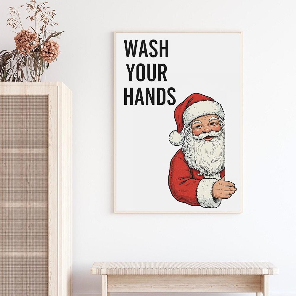 Santa Wall Art Print – Wash Your Hands Poster Christmas Bathroom Decoration