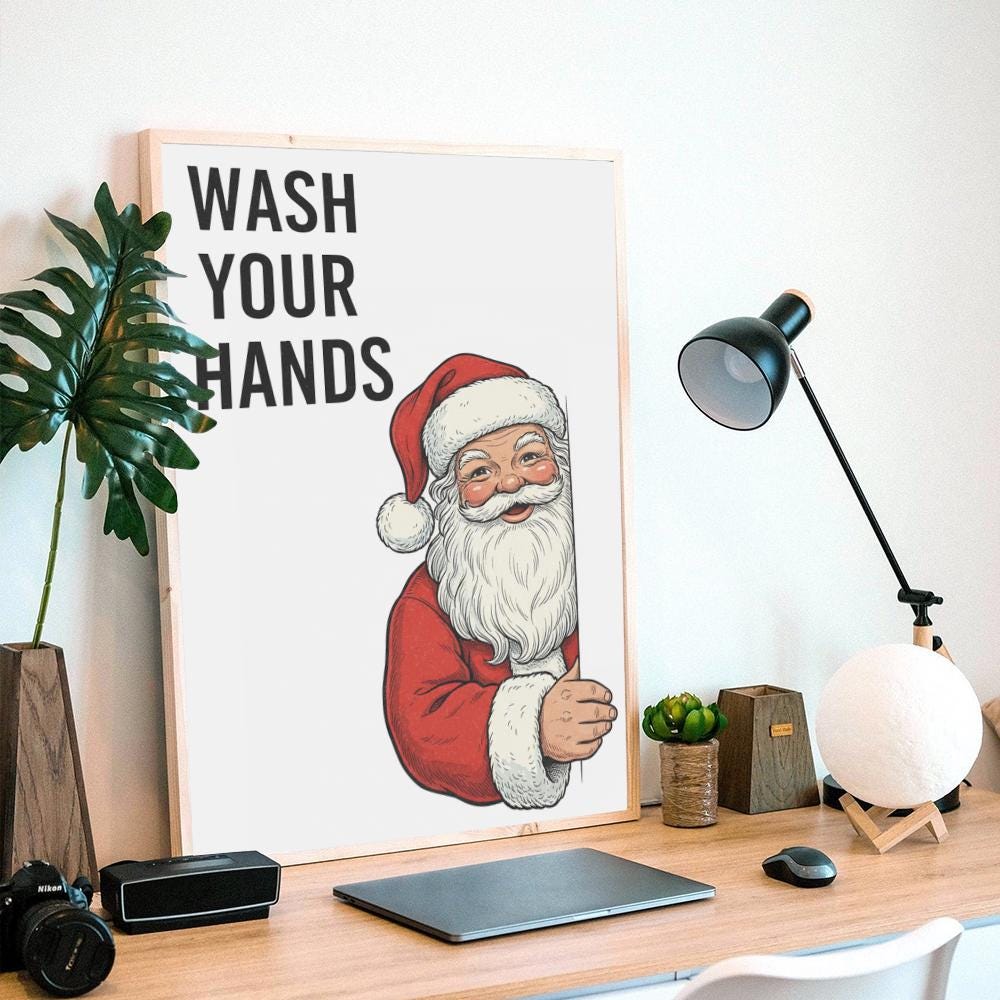 Santa Wall Art Print – Wash Your Hands Poster Christmas Bathroom Decoration
