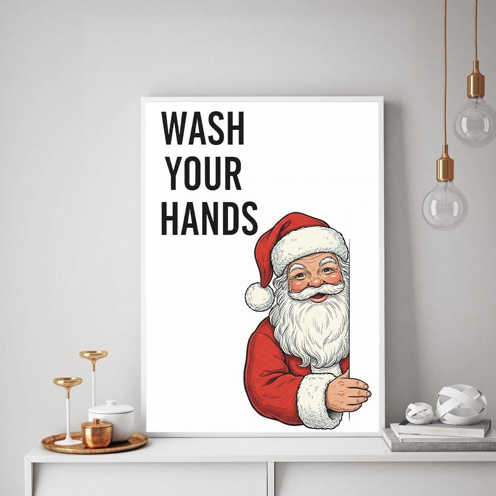 Santa Wall Art Print – Wash Your Hands Poster Christmas Bathroom Decoration