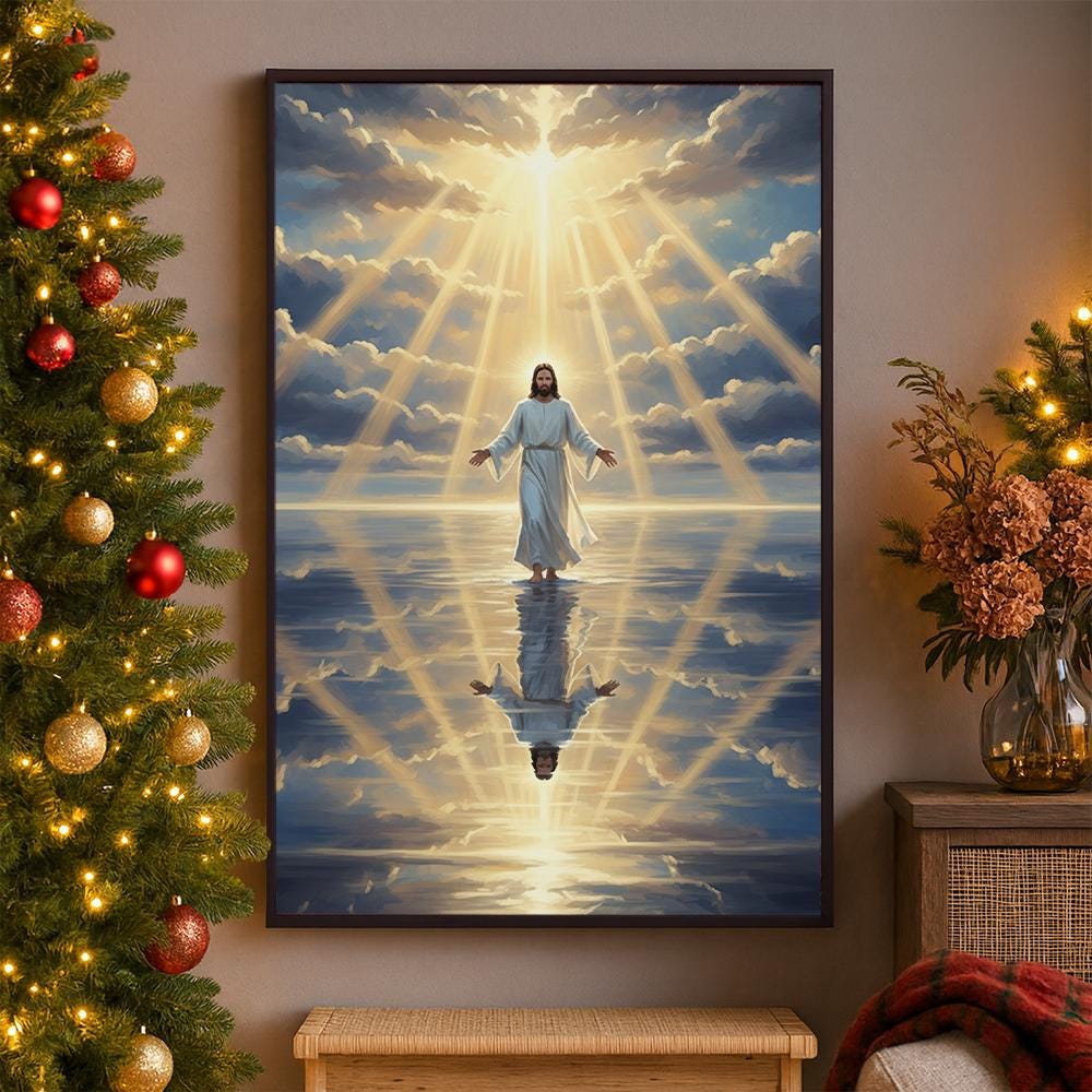 Jesus Wall Art Print – Christian Poster Religious Home Decoration with Light and Reflection Design