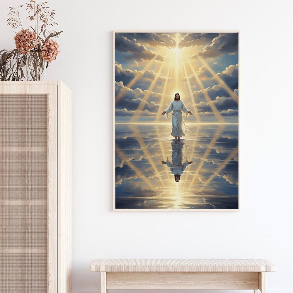 Jesus Wall Art Print – Christian Poster Religious Home Decoration with Light and Reflection Design