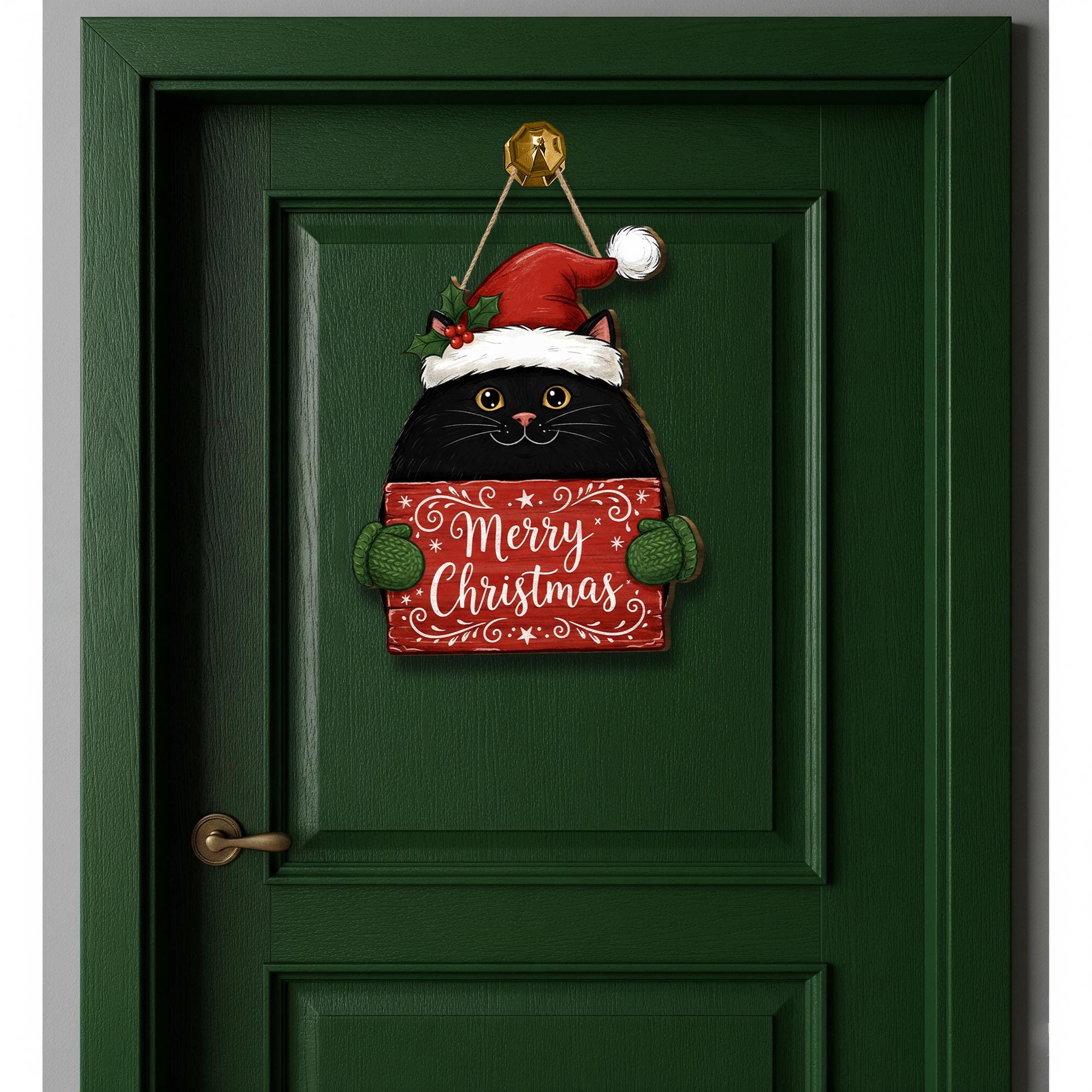 Black Cat Merry Christmas Door Sign: Holiday Cat Lover Porch Decor