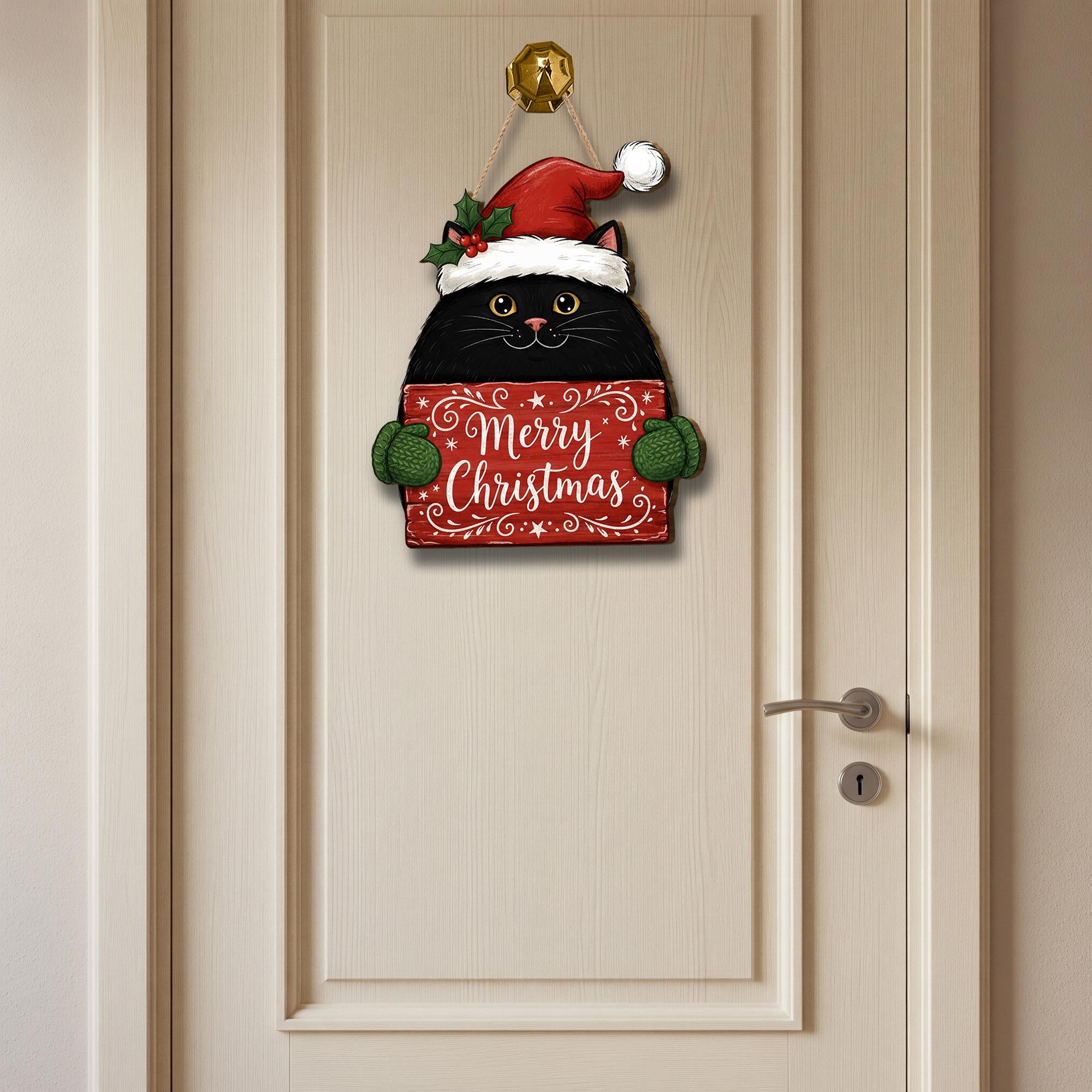 Black Cat Merry Christmas Door Sign: Holiday Cat Lover Porch Decor