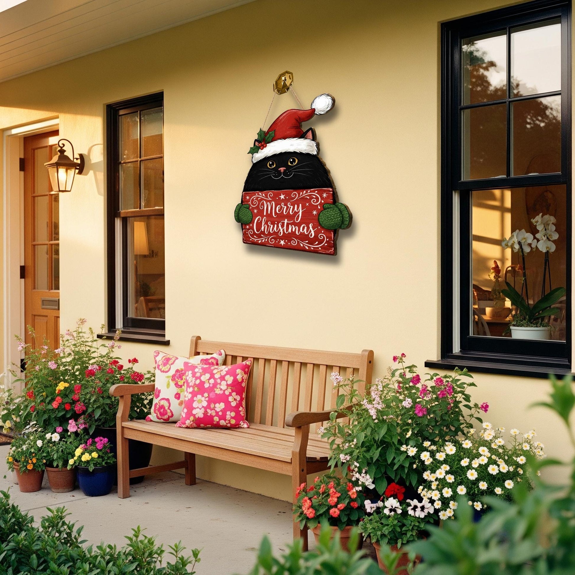 Black Cat Merry Christmas Door Sign: Holiday Cat Lover Porch Decor