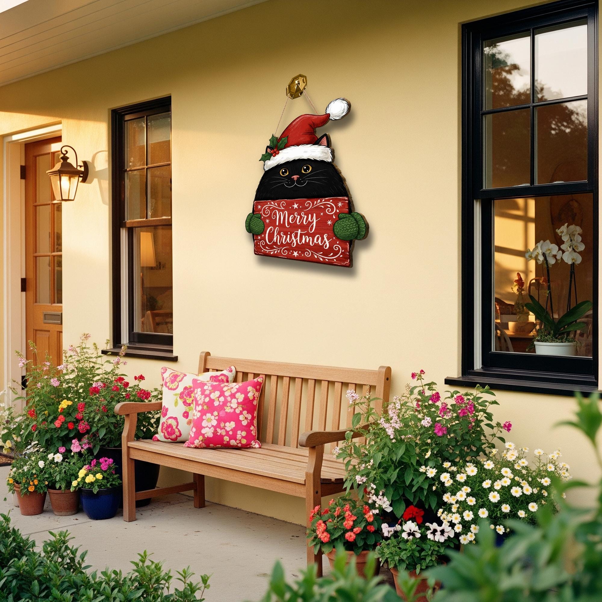 Black Cat Merry Christmas Door Sign: Holiday Cat Lover Porch Decor