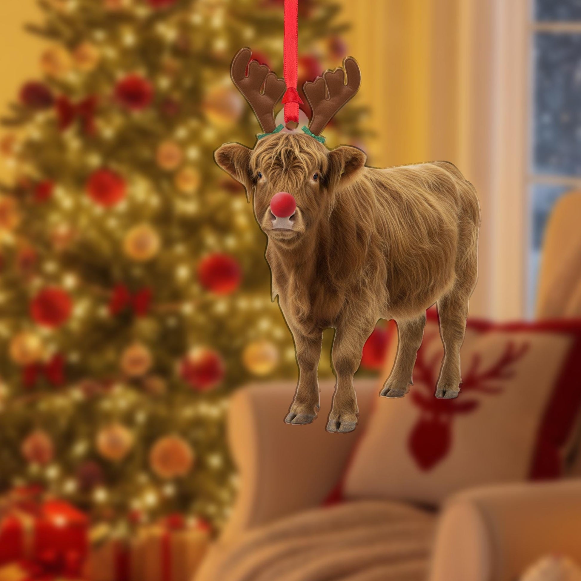 Highland Cow Christmas Ornament – Reindeer Antlers and Red Nose Hanging Decoration