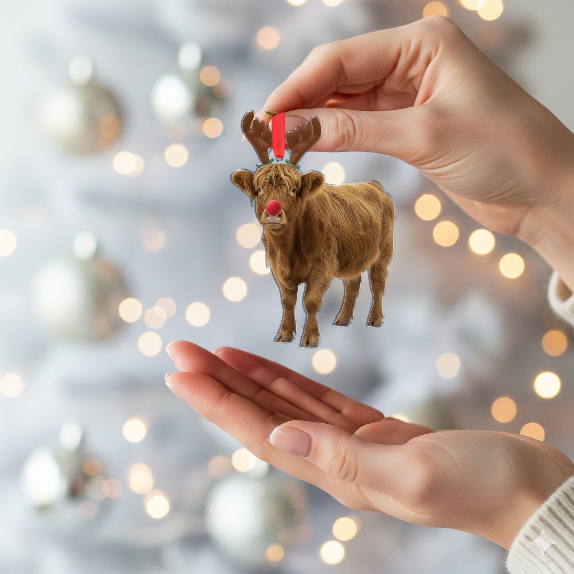 Highland Cow Christmas Ornament – Reindeer Antlers and Red Nose Hanging Decoration