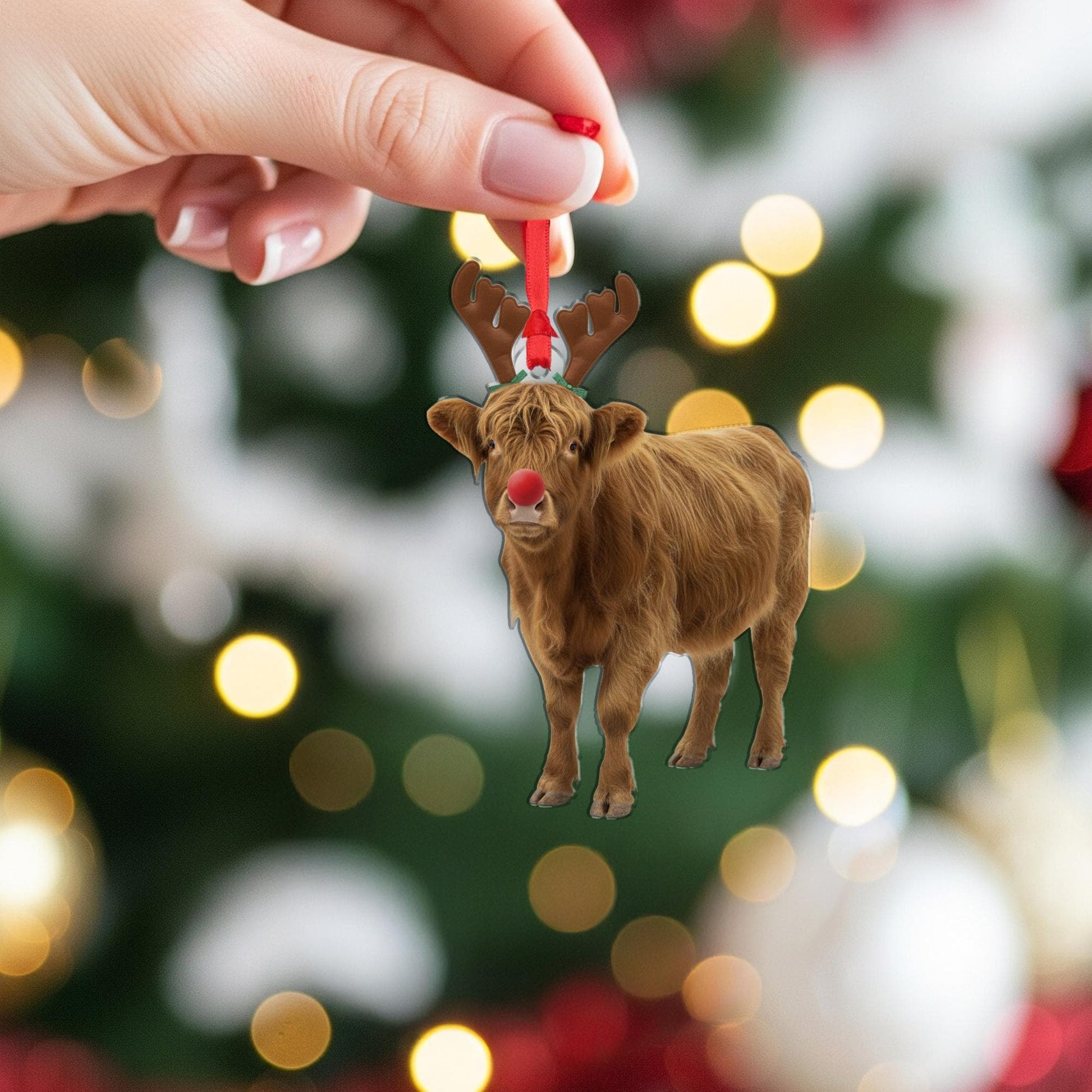 Highland Cow Christmas Ornament – Reindeer Antlers and Red Nose Hanging Decoration