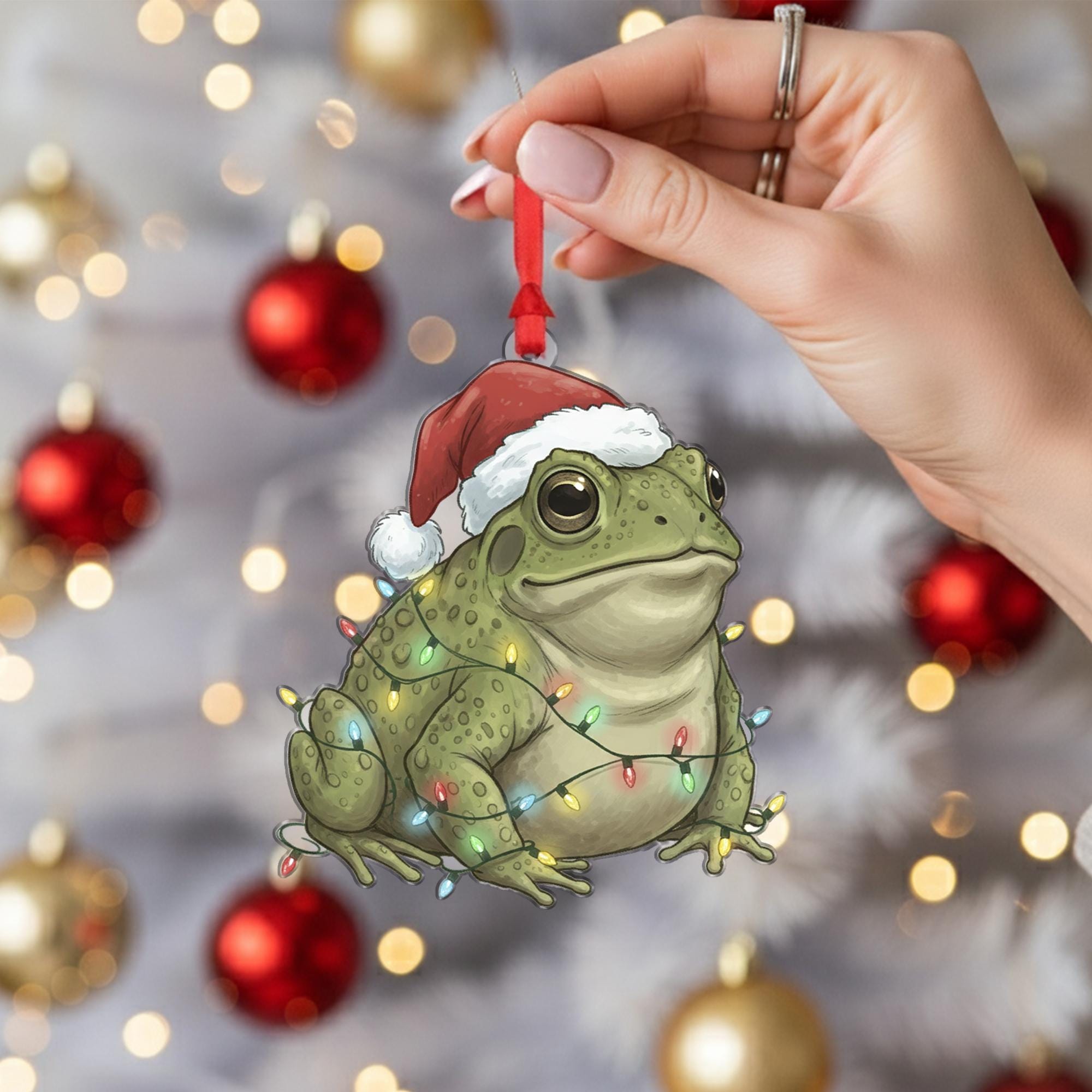 Frog Christmas Ornament – Santa Hat and Holiday Lights Hanging Decoration