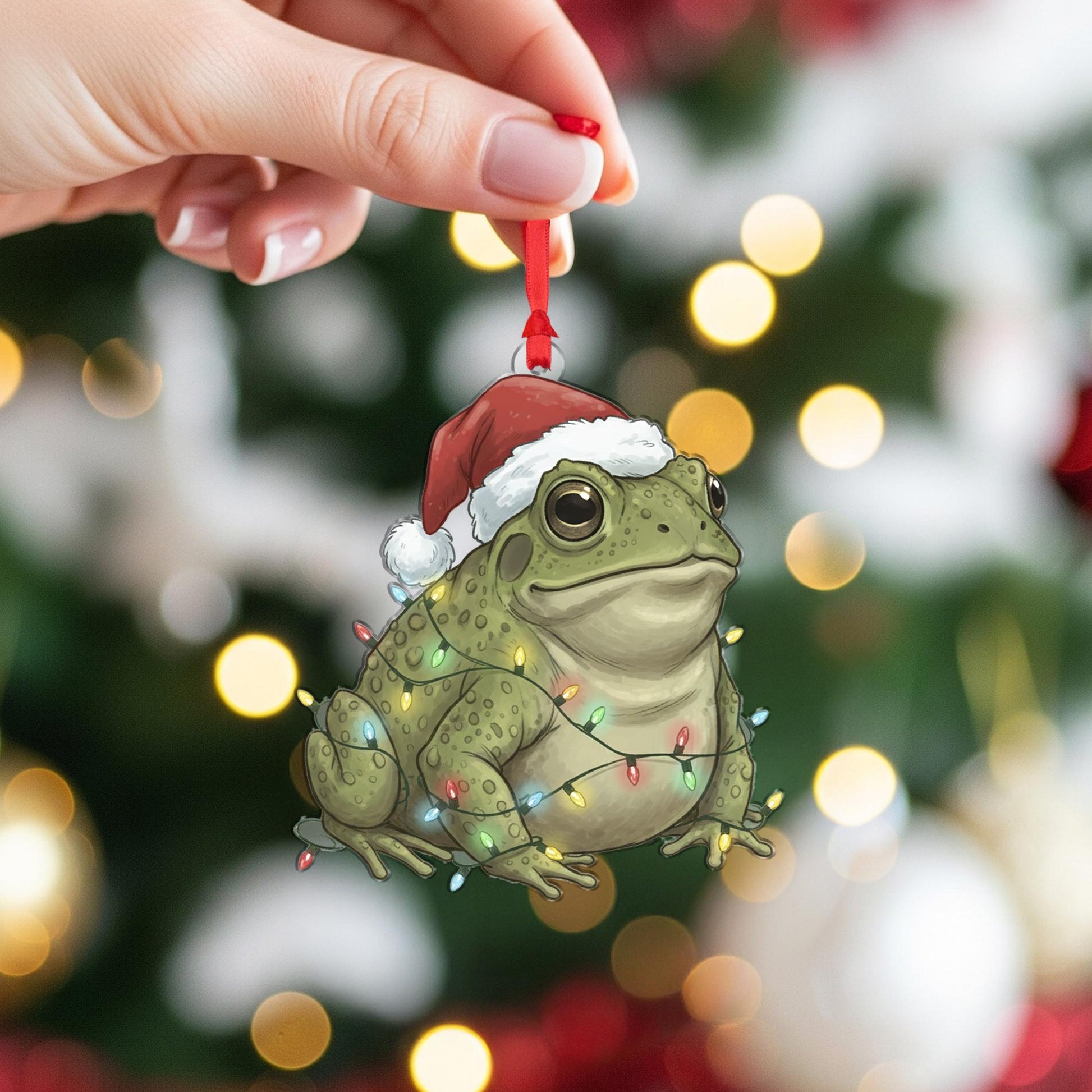 Frog Christmas Ornament – Santa Hat and Holiday Lights Hanging Decoration
