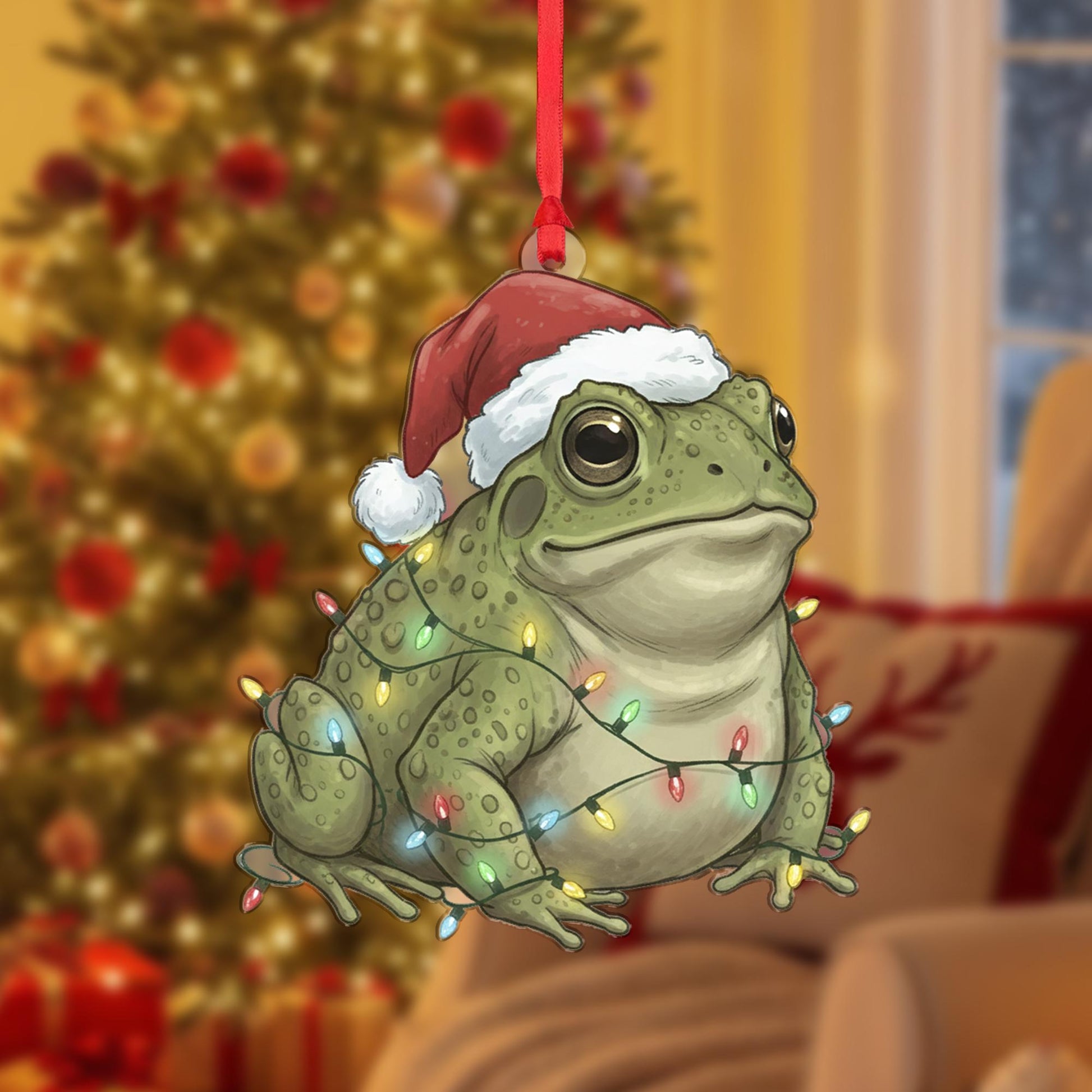 Frog Christmas Ornament – Santa Hat and Holiday Lights Hanging Decoration