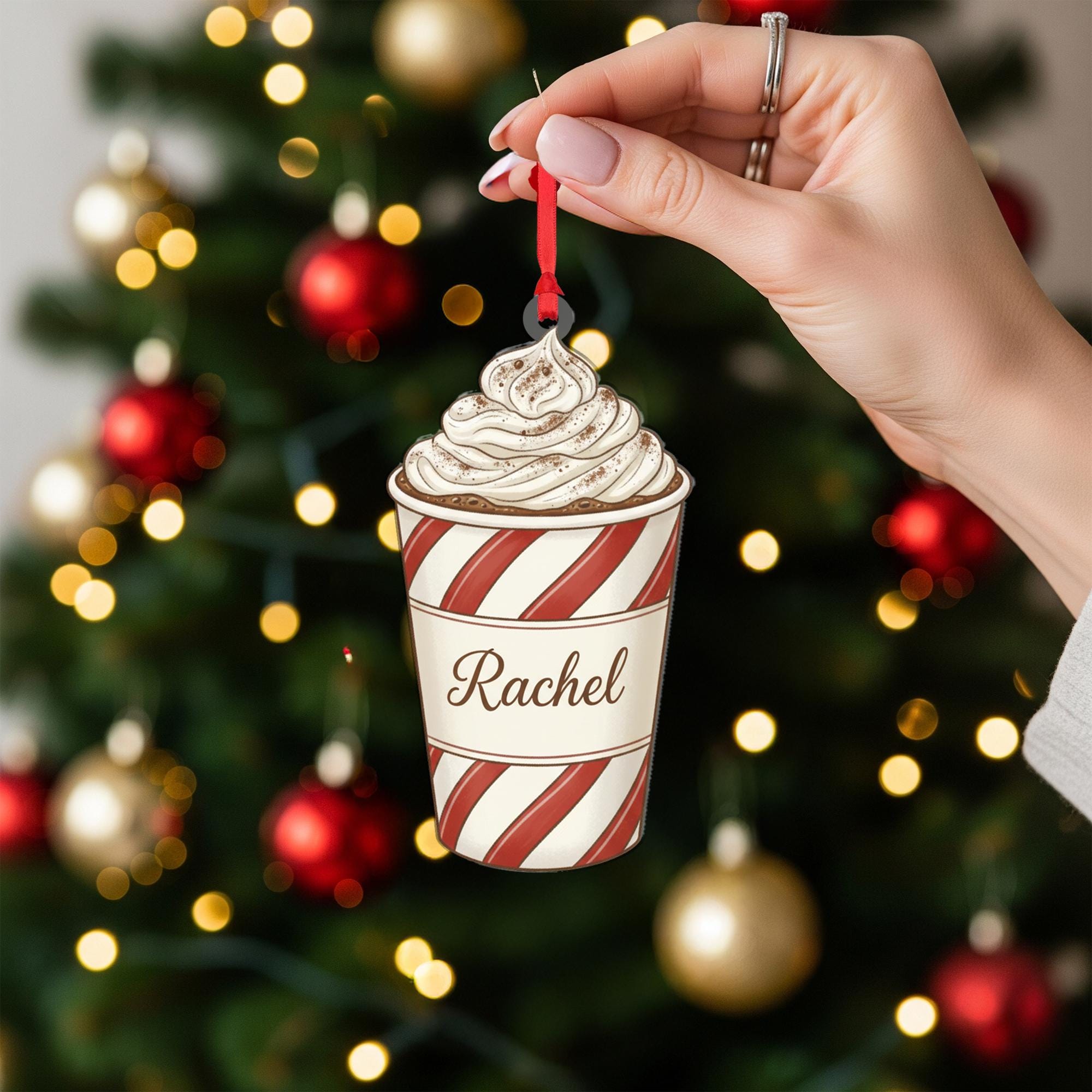 Personalized Hot Chocolate Ornament – Peppermint Cup with Whipped Cream Christmas Decoration