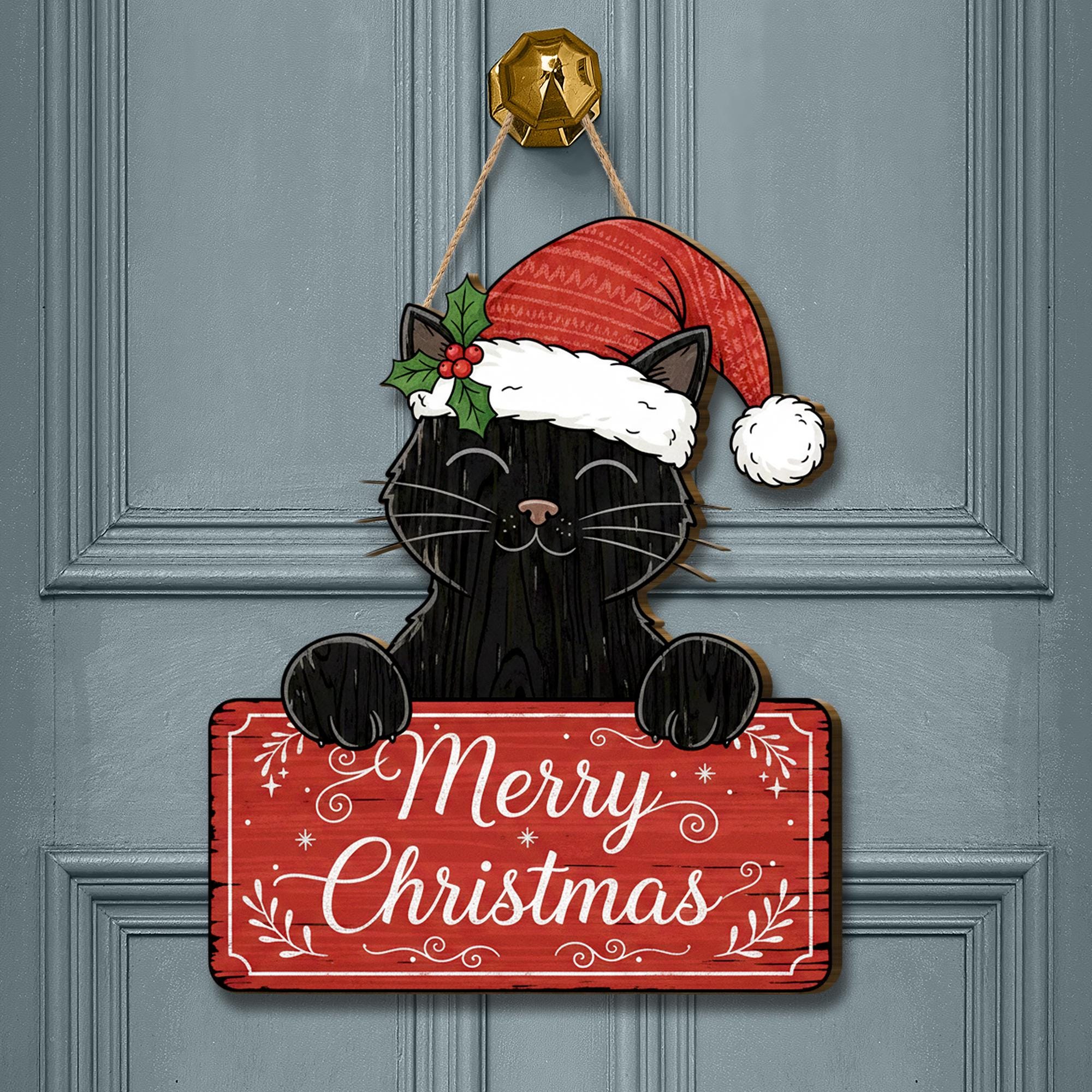 Black Cat Merry Christmas Door Sign: Rustic Holiday Cat Lover Decor