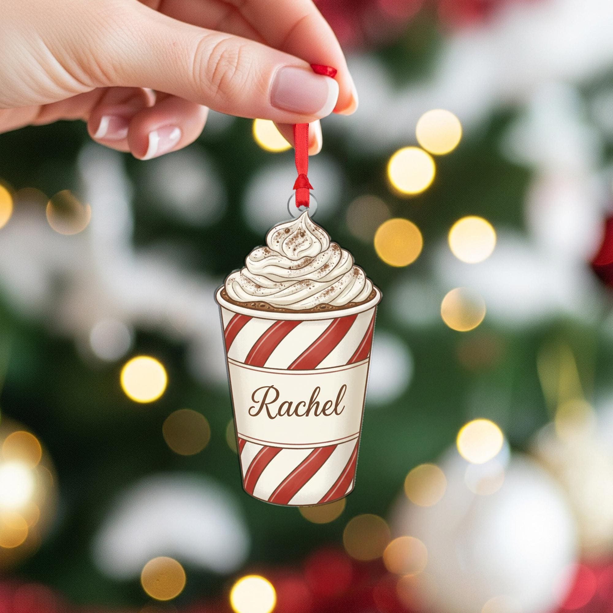 Personalized Hot Chocolate Ornament – Peppermint Cup with Whipped Cream Christmas Decoration