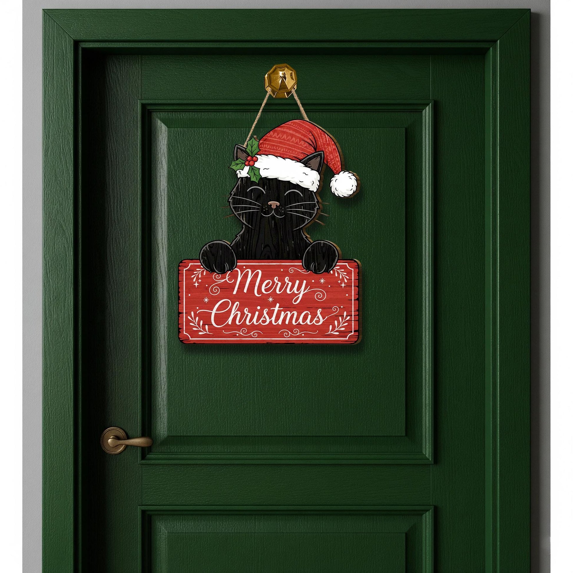Black Cat Merry Christmas Door Sign: Rustic Holiday Cat Lover Decor