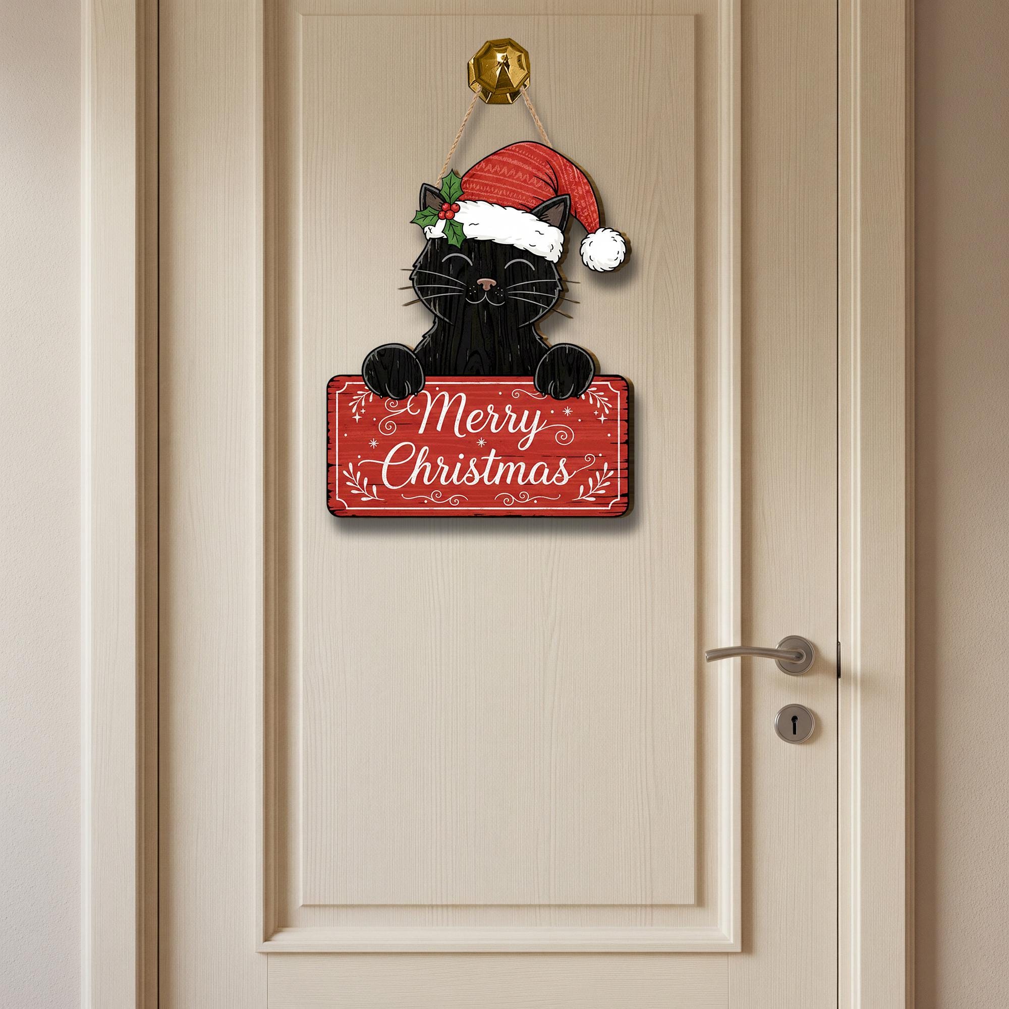 Black Cat Merry Christmas Door Sign: Rustic Holiday Cat Lover Decor