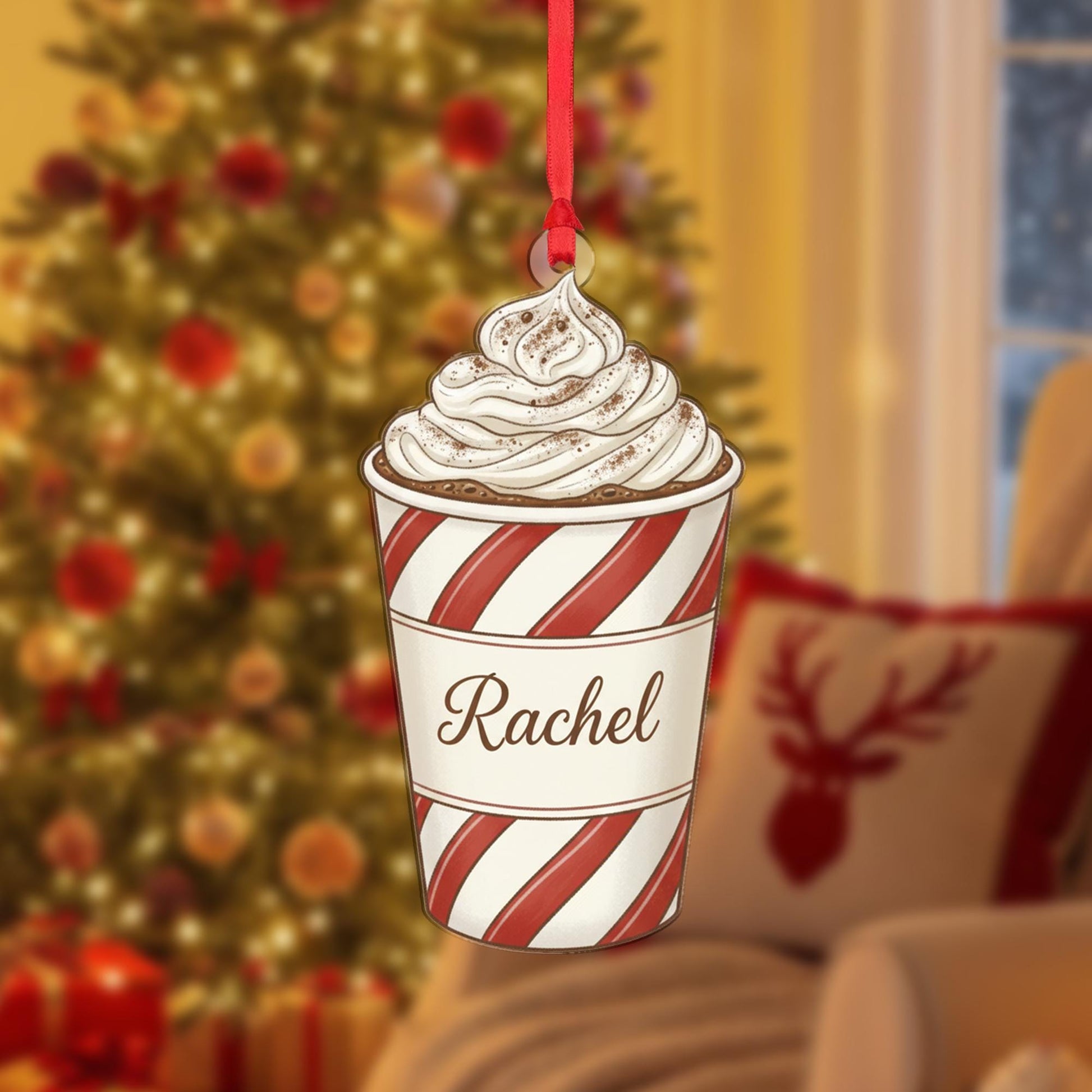 Personalized Hot Chocolate Ornament – Peppermint Cup with Whipped Cream Christmas Decoration