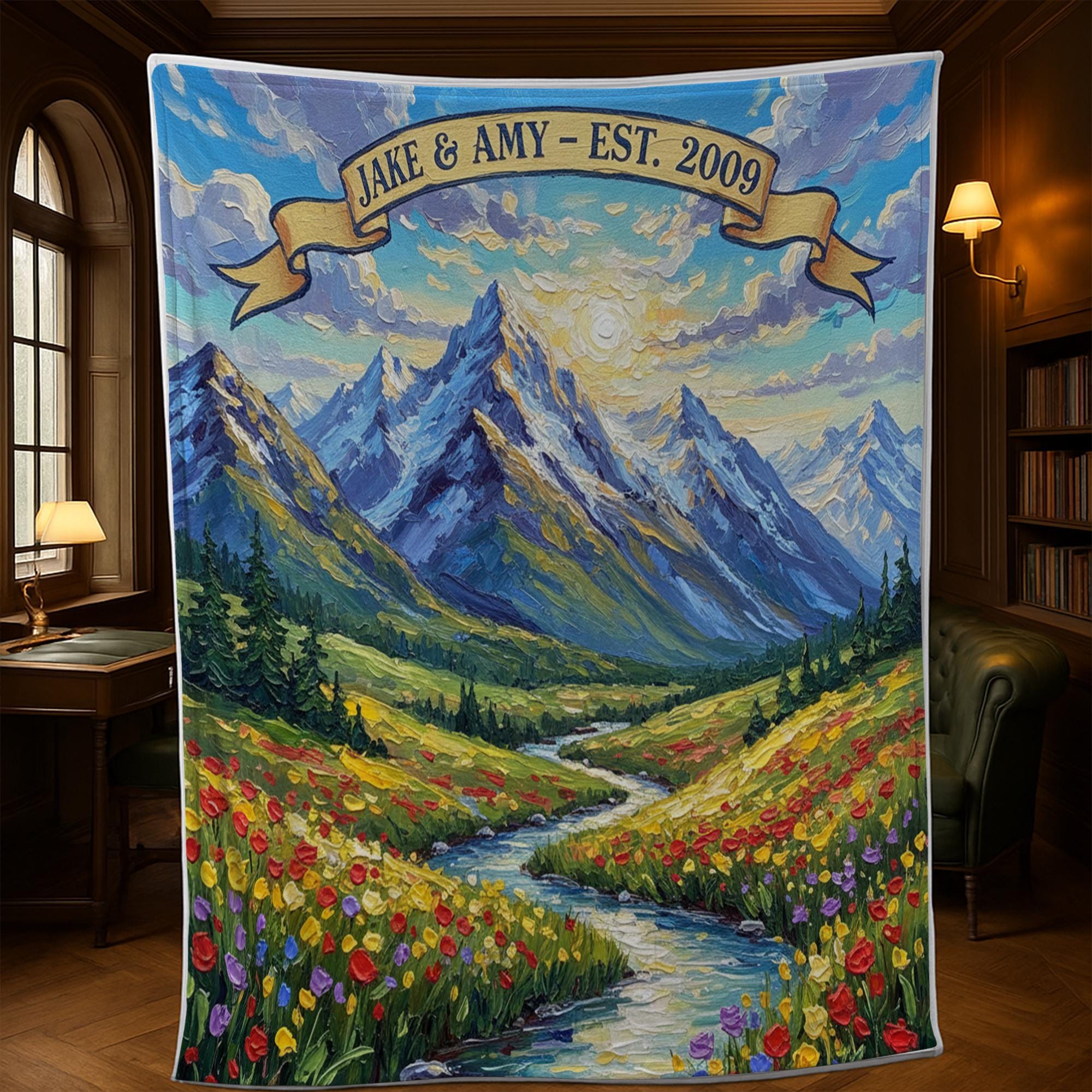 Personalized Mountain Landscape Blanket – Custom Name & Date Adventure Throw, Anniversary Gift