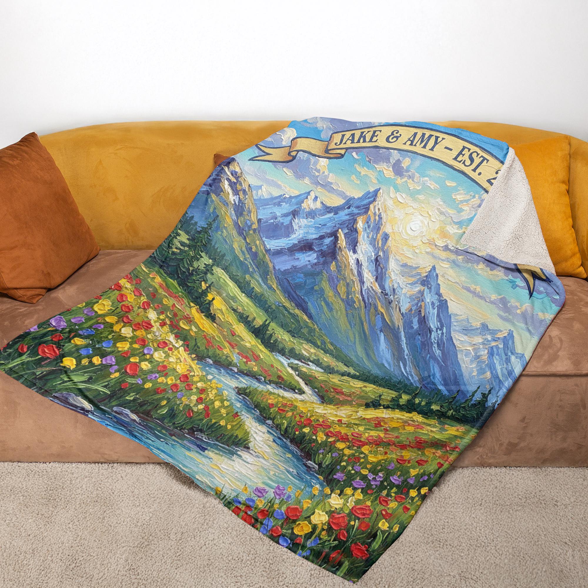 Personalized Mountain Landscape Blanket – Custom Name & Date Adventure Throw, Anniversary Gift