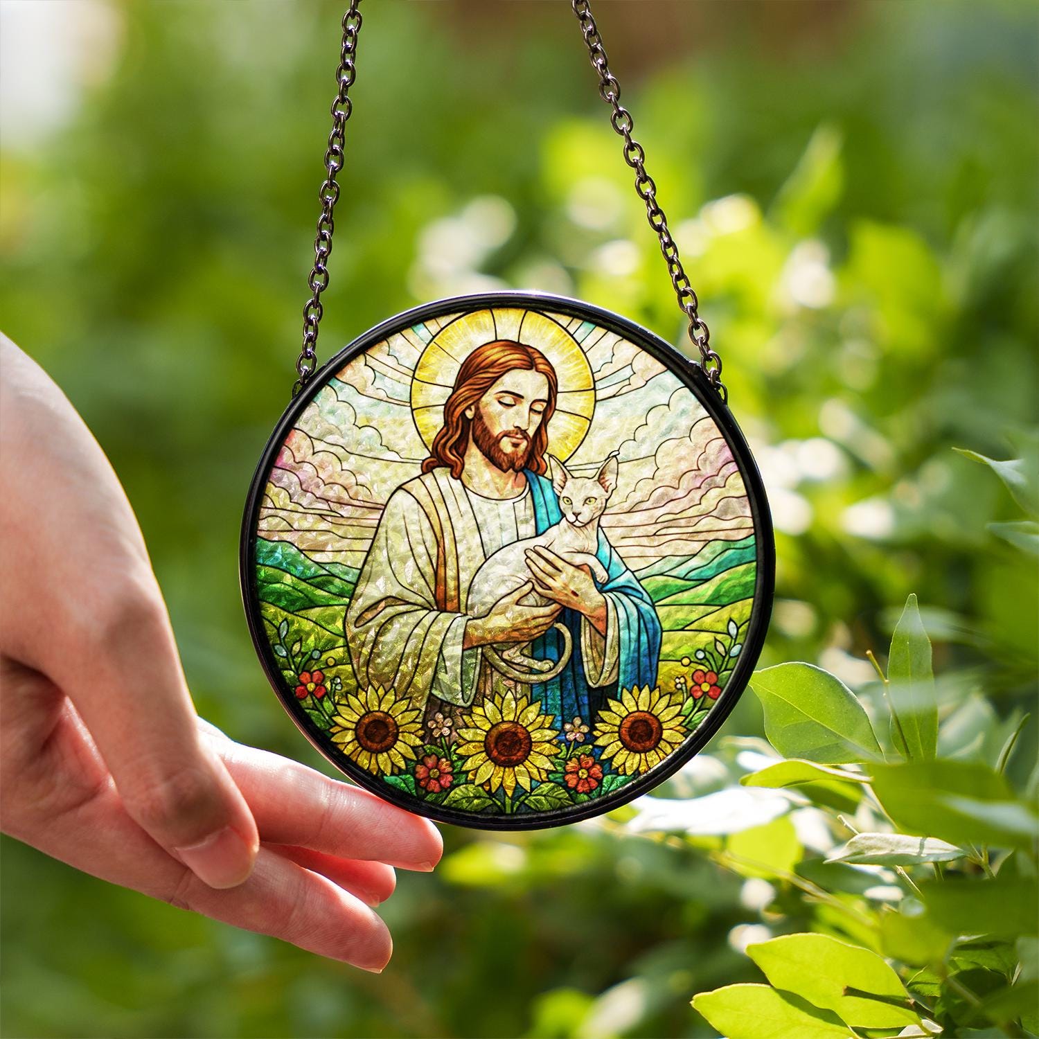 Cat & Jesus Faux Stained Glass Suncatcher - Christian Window Decoration