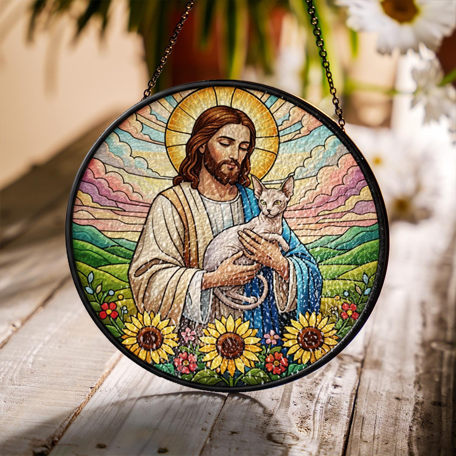 Cat & Jesus Faux Stained Glass Suncatcher - Christian Window Decoration