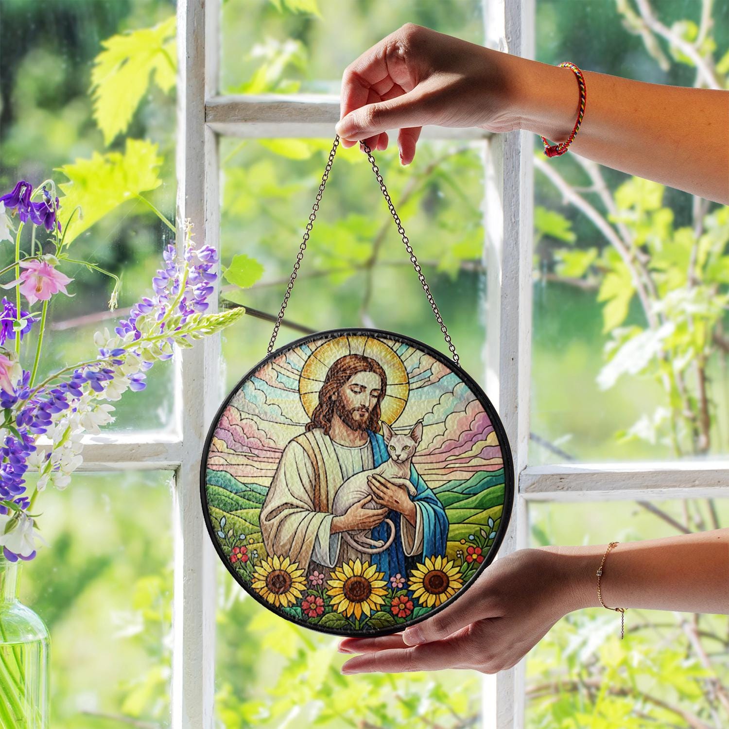 Cat & Jesus Faux Stained Glass Suncatcher - Christian Window Decoration
