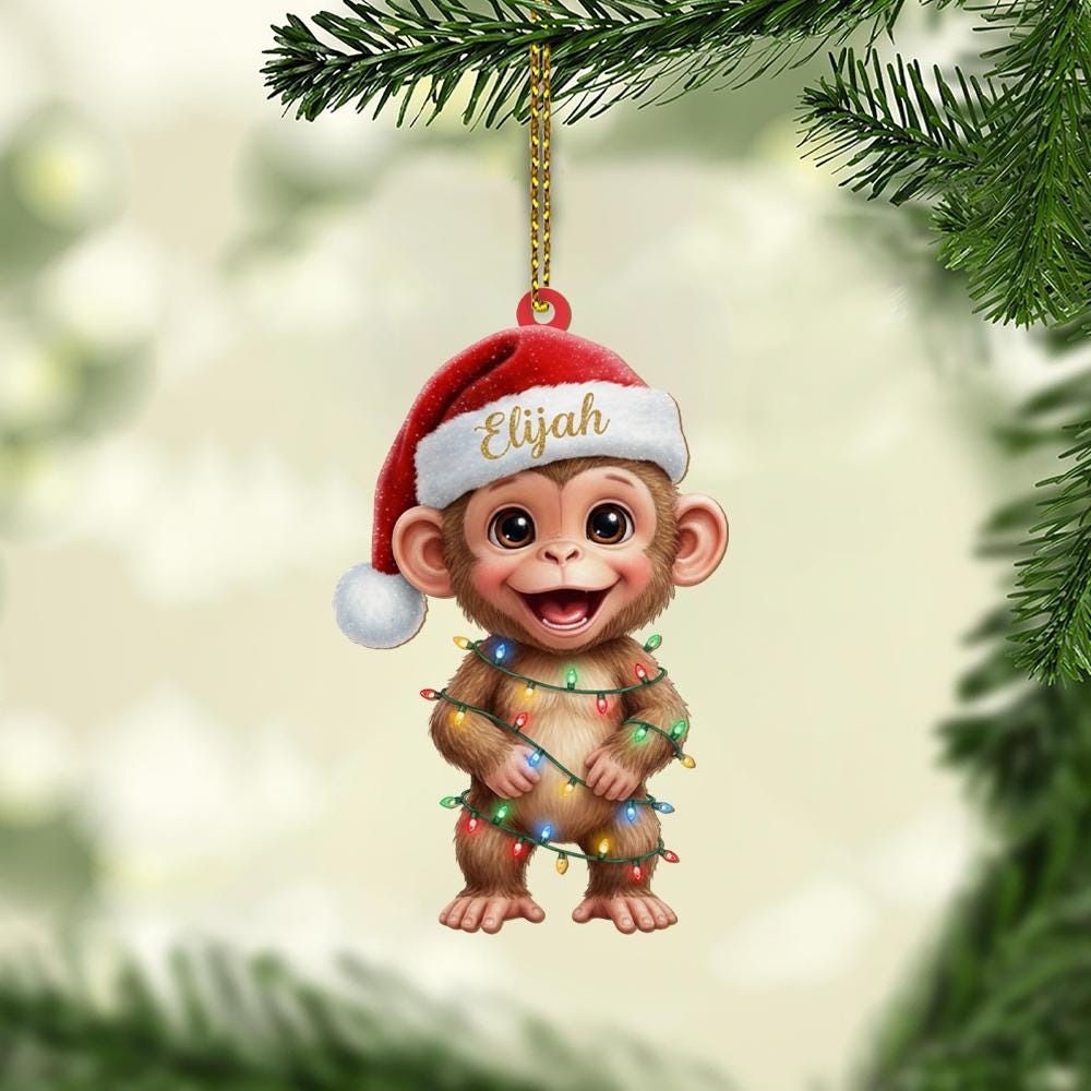 Personalized Monkey Christmas Ornament: Custom Name Santa Hat Decoration