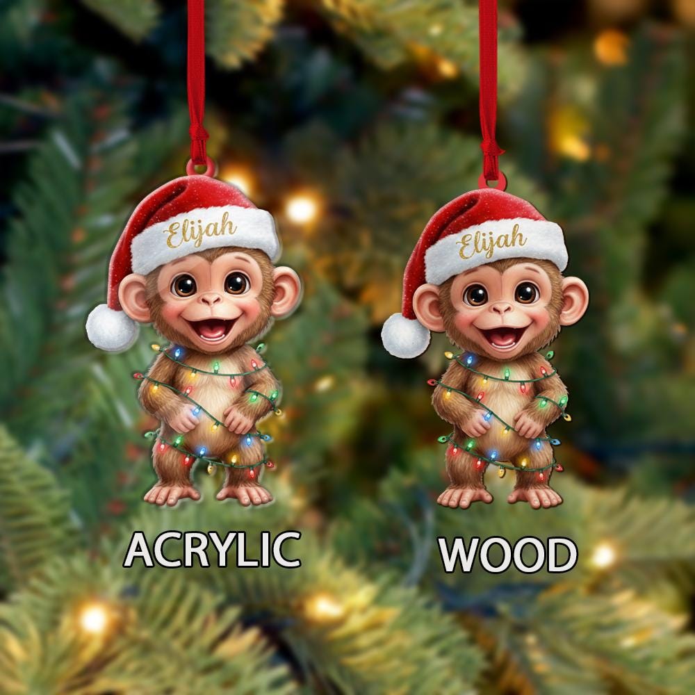 Personalized Monkey Christmas Ornament: Custom Name Santa Hat Decoration
