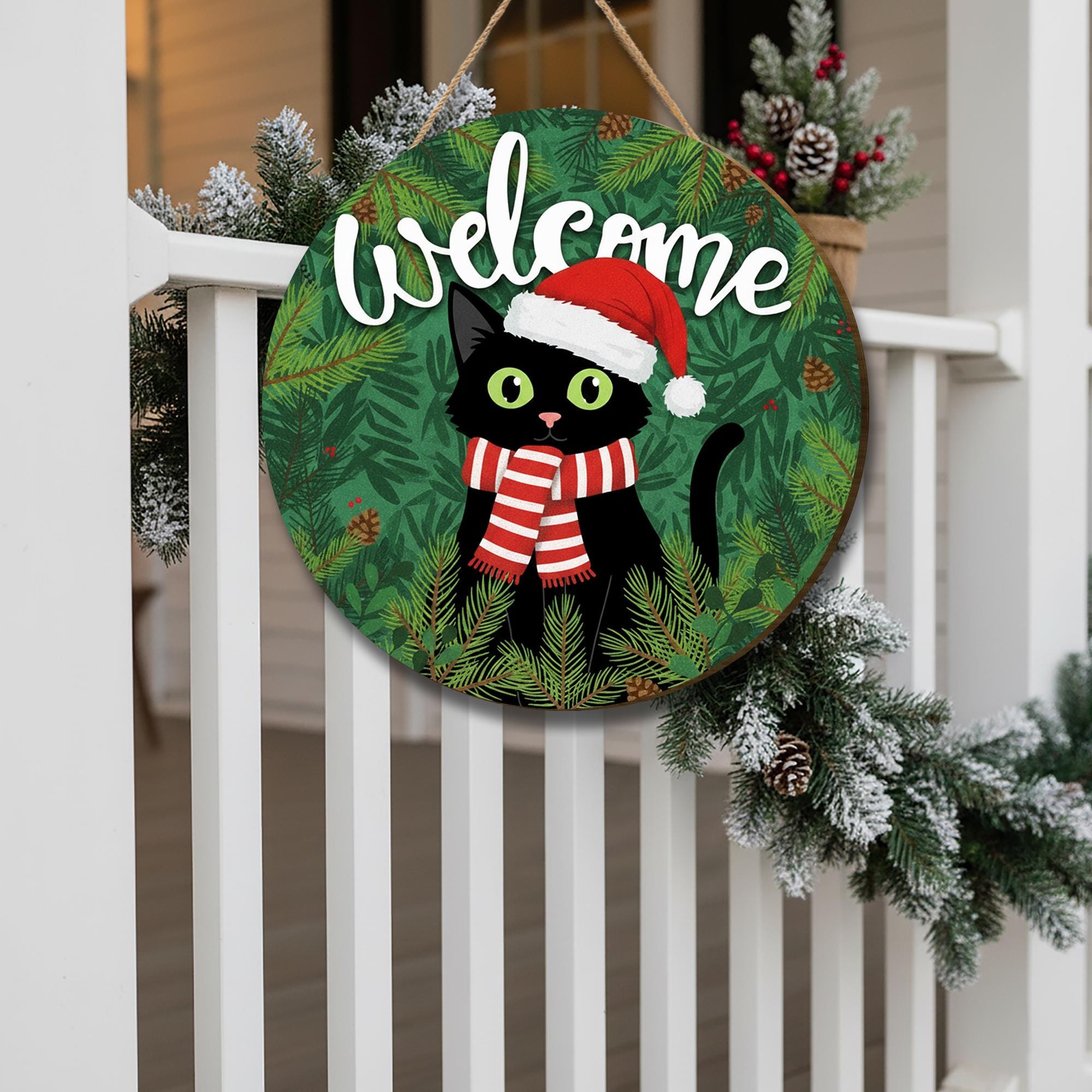 Christmas Cat Welcome Sign – Holiday Wooden Door Decor